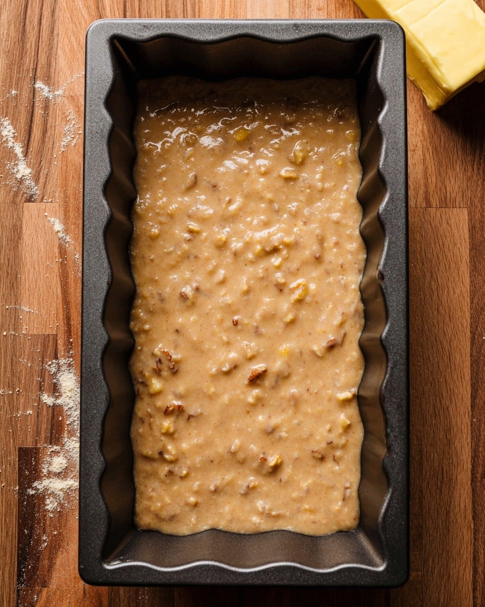 A dark scalloped rectangular baking pan is filled with a thick, light brown batter that has small chunks of fruit or nuts visible throughout. The batter has a smooth, slightly glossy texture and fills the pan evenly, reaching near the scalloped edges. The pan sits on a wooden surface with a visible grain pattern. In the top right corner, a yellowish block of butter is partially visible. photo taken with an iphone --ar 4:5 --v 7