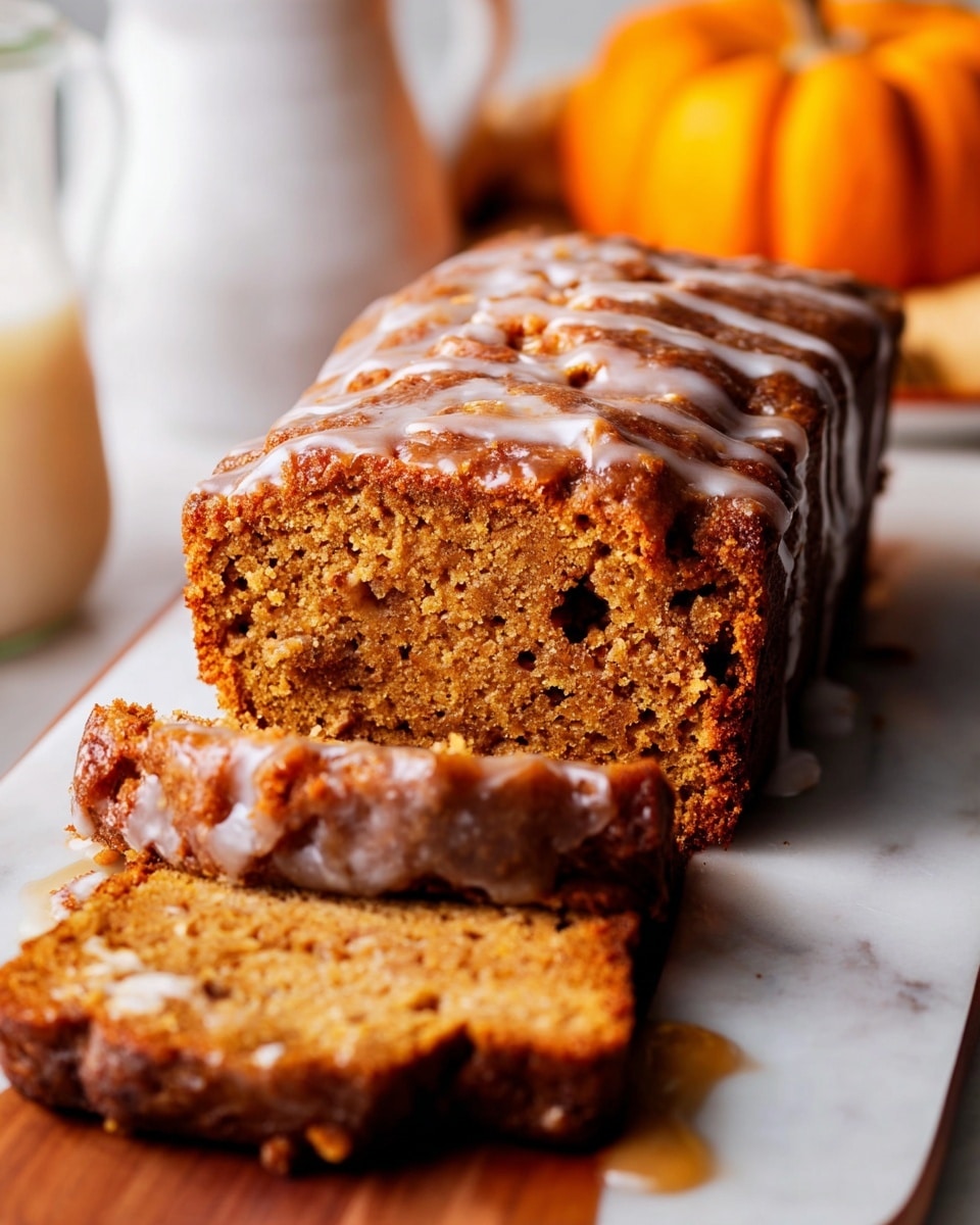A loaf of brown cake with a moist texture is shown on a white marbled surface, sliced into five pieces at the front with three slices lying flat and one tilted, exposing the crumb inside. The cake has a shiny, sticky brown topping with a drizzle of white glaze running down the sides. The cutting board underneath is light brown wood. A small orange pumpkin and a white cream pitcher are blurred in the background with soft, warm lighting. Photo taken with an iphone --ar 4:5 --v 7