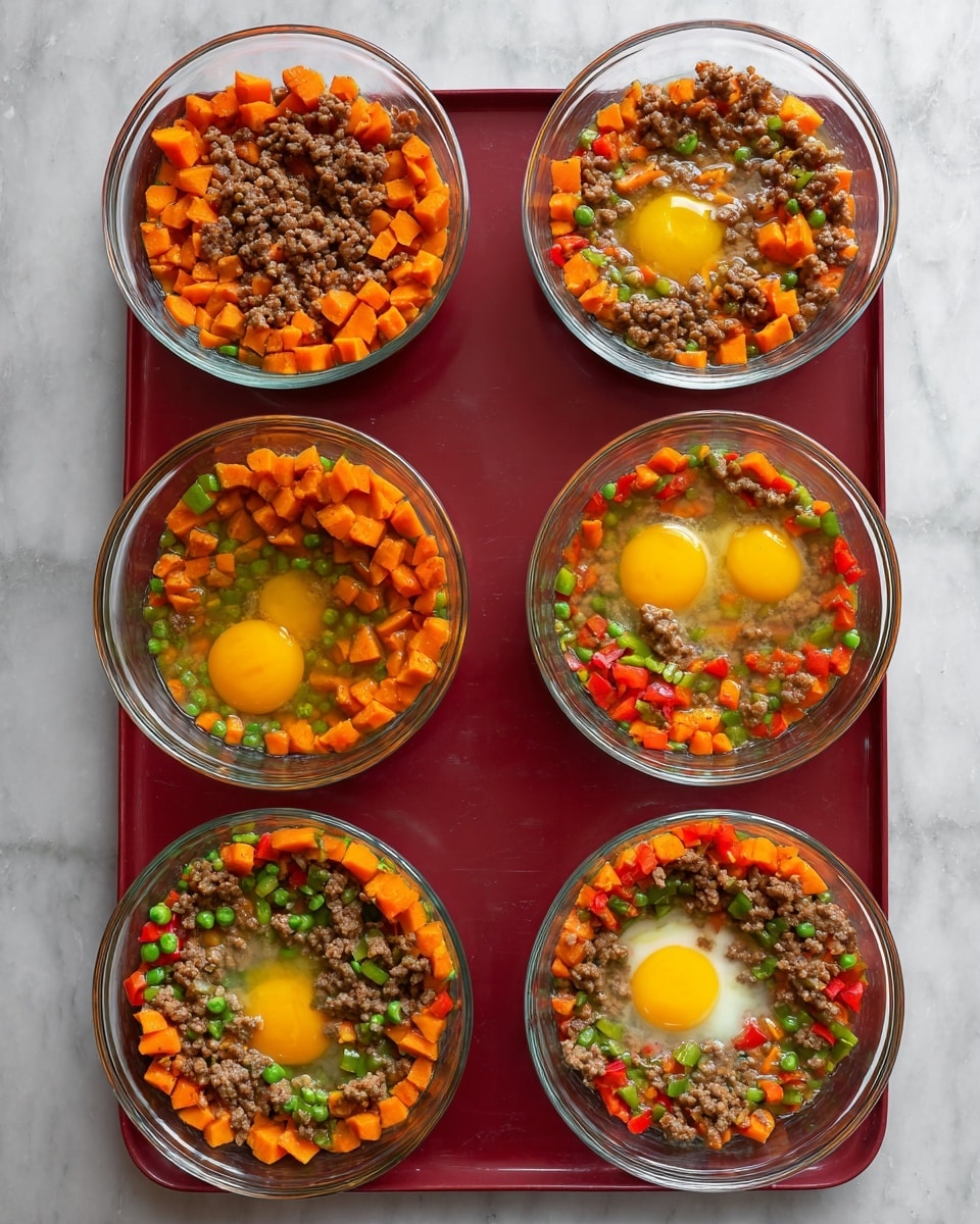 Five clear glass bowls sit on a red tray over a white marbled surface. Each bowl starts with a base layer of small orange cubed sweet potatoes, slightly textured. On top of this base, there is a layer of cooked brown ground meat dispersed unevenly over the sweet potatoes. Next, bright green and red chopped small bell peppers are scattered over the meat layer, adding vibrant color. Finally, four bowls have a raw egg cracked on top with the golden yellow yolks visible amid the vegetables and meat. In the last step, the contents of each bowl appear mixed, showing a creamy mixture with the orange sweet potatoes, brown meat, green and red peppers, and yellow egg evenly combined. Photo taken with an iphone --ar 4:5 --v 7