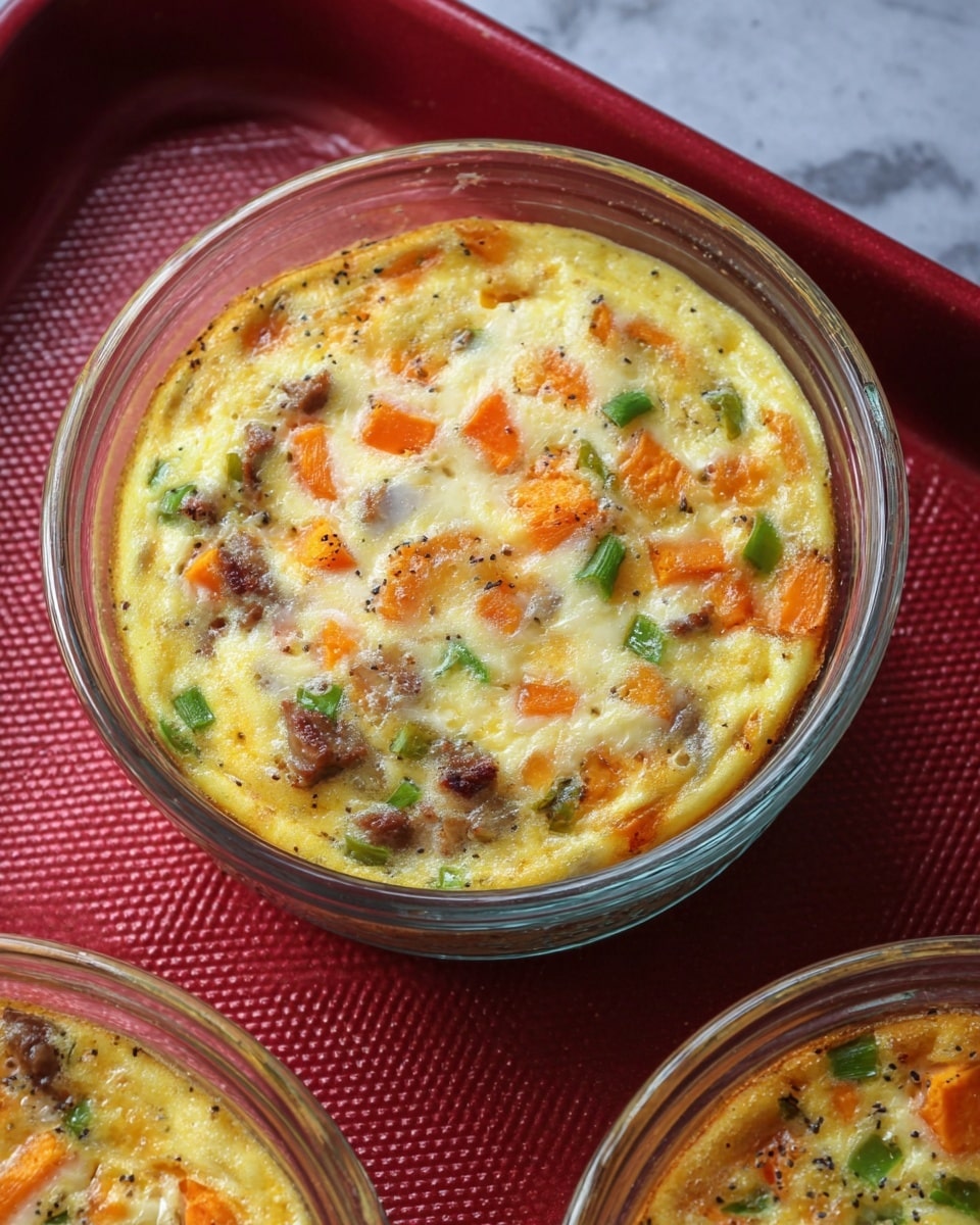 The image shows a round, clear glass bowl filled with a baked egg dish that has a slightly golden top. The dish has visible chunks of orange sweet potatoes, green bell peppers, small brown meat pieces, and some white melted cheese mixed within the egg base. The surface looks soft and slightly puffy with a few black pepper specks scattered. The bowl is placed on a red textured tray, and part of another similar bowl is visible below in the frame. The background is a white marbled texture. photo taken with an iphone --ar 4:5 --v 7