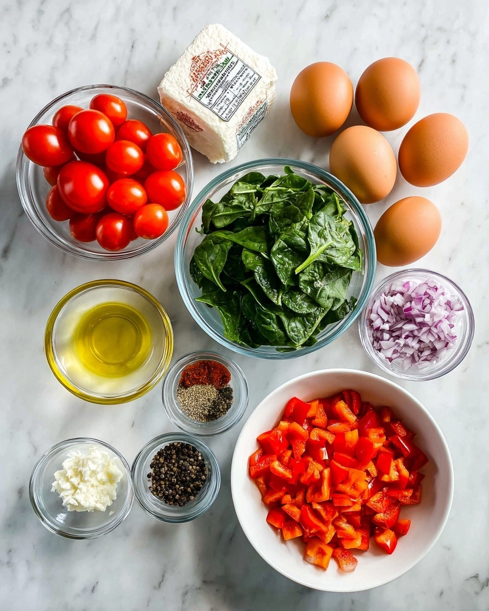 The image shows various fresh ingredients placed on a white marbled surface. There is one large white bowl filled with small, bright red diced peppers at the bottom right. Above and to the left, there is a clear glass bowl filled with whole, shiny red cherry tomatoes. In the center, a clear glass bowl holds fresh, vibrant green spinach leaves. To the right of the spinach, a smaller clear glass bowl contains chopped purple and white onions. Above the onions, another small clear bowl is filled with light golden olive oil. In the middle at the bottom, a tiny clear bowl holds minced garlic. To the left of the garlic, a small white bowl shows a mix of dried spices and salt in different sections: black pepper, red pepper flakes, oregano, and salt. On the left side of the image, there is a package of white feta cheese with a label on it. At the top right, four brown eggs are arranged on the marbled surface. The lighting is bright and natural, highlighting the vibrant colors and fresh textures of all the ingredients. Photo taken with an iphone --ar 4:5 --v 7