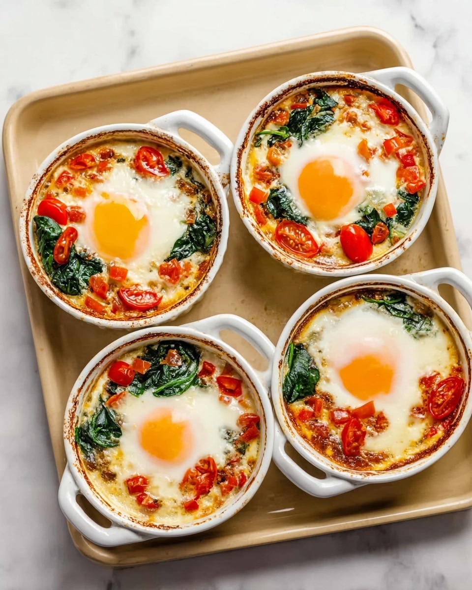 The image shows four white ceramic round ramekins with side handles, arranged in a 2x2 grid inside a beige baking tray. Each ramekin has one cooked egg on top with a firm white layer surrounding a soft, slightly orange yolk center. Around the eggs are layers of cooked spinach leaves in dark green, halved bright red cherry tomatoes, and small pieces of orange and red diced vegetables mixed in a creamy, slightly browned sauce. The rim of each ramekin has light browning from baking. The whole setup is on a white marbled textured surface. Photo taken with an iphone --ar 4:5 --v 7
