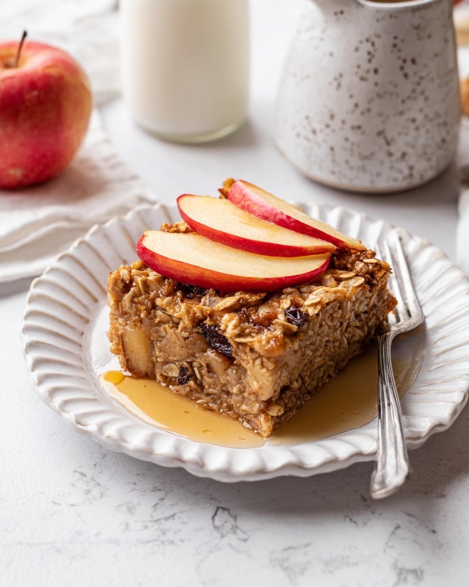 A square slice of baked oatmeal sits on a white scalloped plate, showing a textured layer of golden brown oats mixed with small apple pieces and raisins inside. On top, three thin, fresh apple slices with red edges are arranged in a fan shape. The oatmeal base looks soft and moist, with syrup pooling around the bottom edge on the plate. A silver fork rests diagonally on the plate next to the oatmeal. The background features a white marbled surface with a speckled ceramic jug and a bottle of milk nearby. Photo taken with an iphone --ar 4:5 --v 7