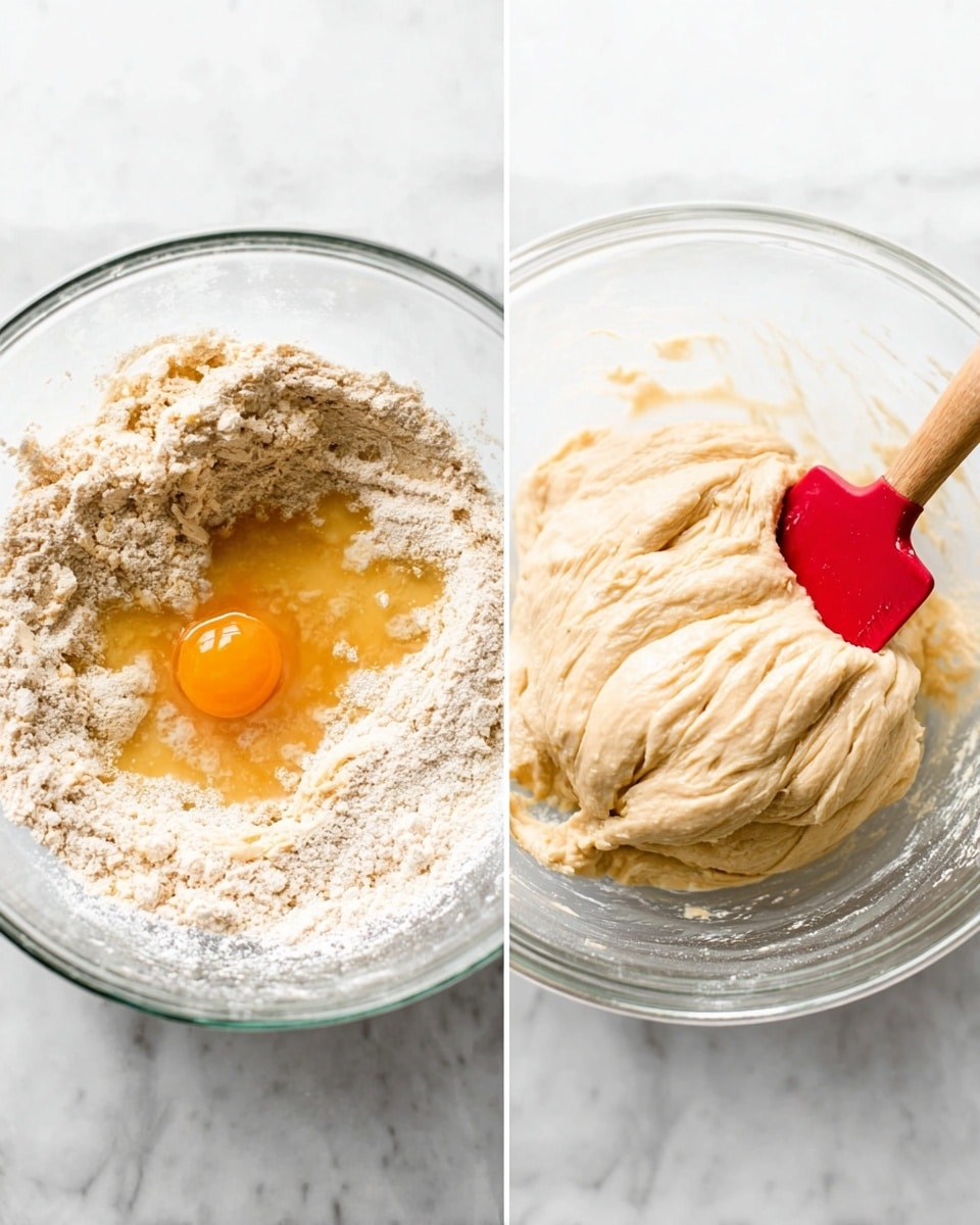 Two side-by-side images show stages of dough making in a clear glass bowl on a white marbled surface. The left image shows a rough mix with layers of pale beige flour, a glossy yellow-orange egg yolk in the center, and some wet ingredients forming a semi-liquid puddle that contrasts with the dry flour. The right image shows the dough fully combined into a smooth, light beige mass with subtle folds and a soft texture, while a red spatula with a wooden handle rests inside the bowl. photo taken with an iphone --ar 4:5 --v 7