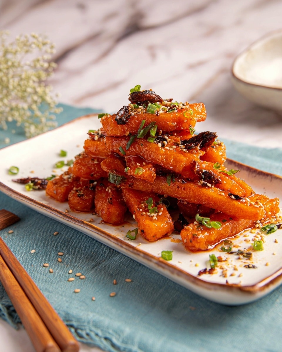 The dish shows a stack of thick, orange-colored, fried finger-shaped pieces placed in a white rectangular plate with a slight brown edge. The fingers have a glossy coating and a slightly crispy texture. Scattered around and on top are small green chopped herbs and white sesame seeds. There are also some dark brown dried pieces mixed among the fingers. The plate sits on a light blue cloth over a white marbled surface. Two wooden chopsticks rest next to the plate. photo taken with an iphone --ar 4:5 --v 7