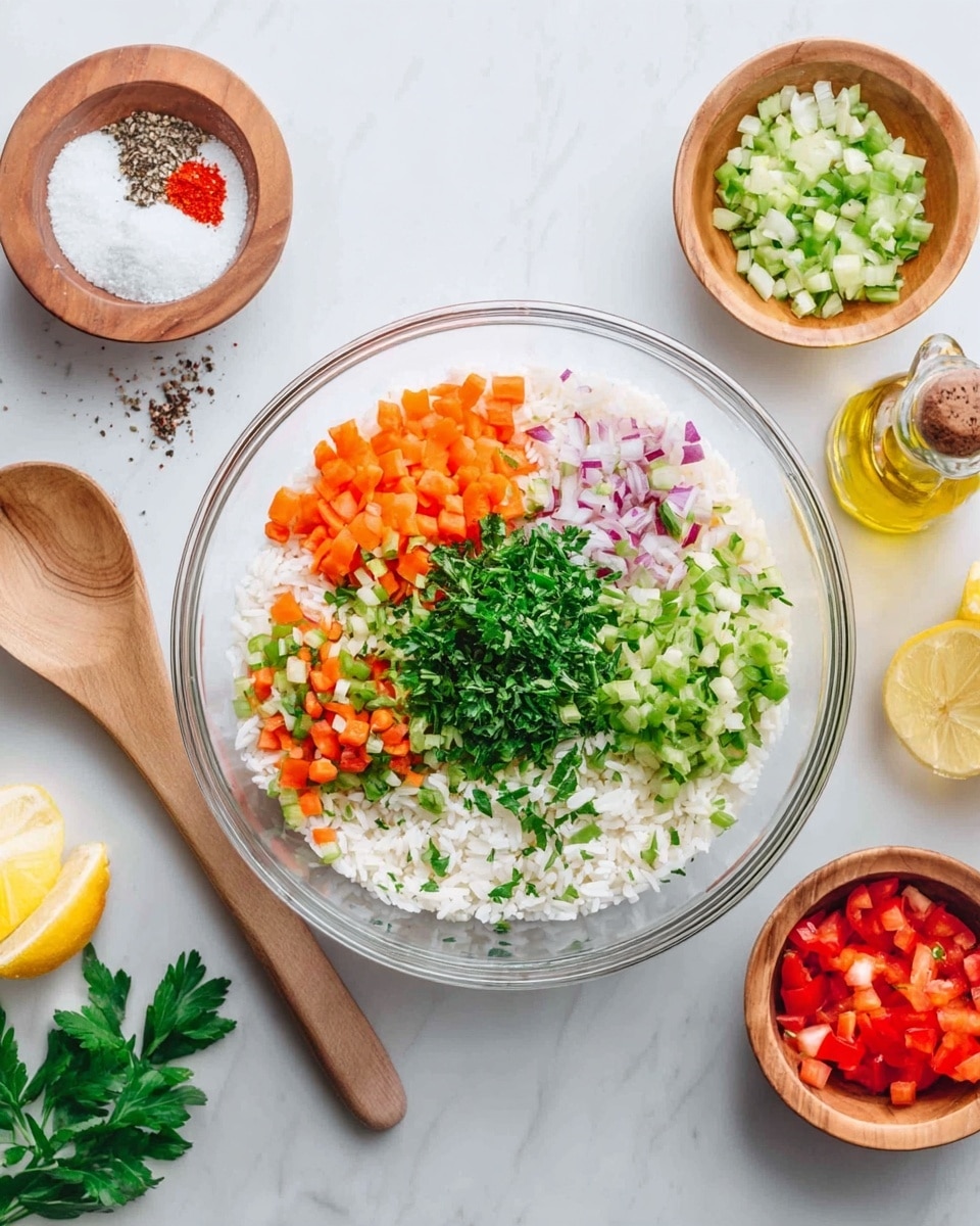 The image shows a clear glass bowl filled with layers of different chopped ingredients. At the bottom, there is a layer of white rice spread evenly. On top of that are small, separate piles of bright orange carrot pieces, green celery chunks, red bell pepper bits, finely chopped red onion, and a pile of fresh green parsley in the center. A wooden spoon with a light handle leans against the bowl on the left side. The bowl sits on a white marbled surface with a few wooden bowls containing salt, black pepper, and a bottle of olive oil in the background, along with fresh parsley and lemon halves nearby. Photo taken with an iphone --ar 4:5 --v 7