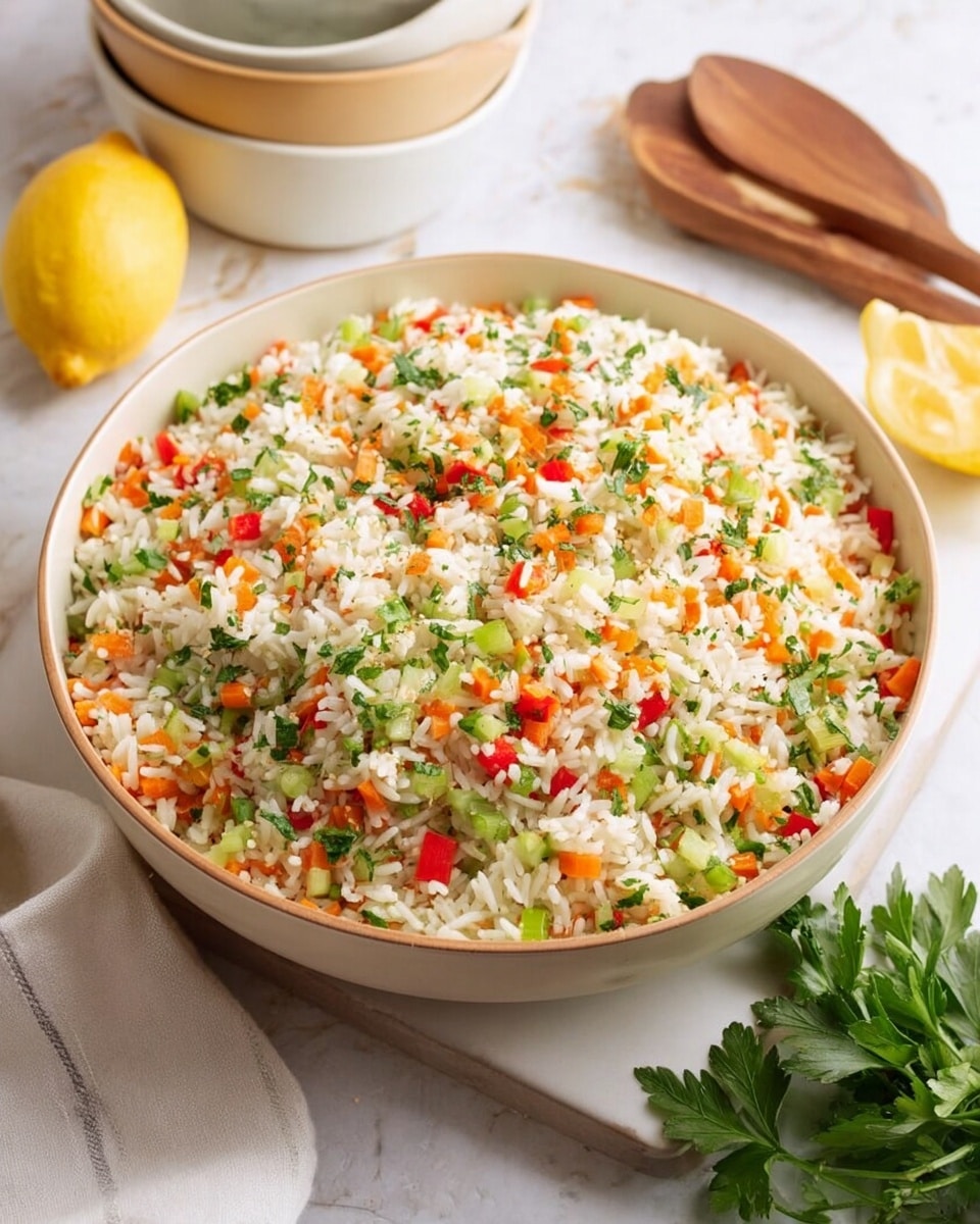 A large white bowl filled with a colorful rice salad, showing one main layer of fluffy white rice mixed evenly with small chopped pieces of bright orange carrots, light green celery, vibrant red bell peppers, and fresh green parsley scattered throughout. The bowl sits on a white marbled surface surrounded by a halved lemon, a wooden spoon with a white cloth nearby, and some fresh green parsley sprigs to the side. The background includes blurred bowls and containers in soft natural tones. Photo taken with an iphone --ar 4:5 --v 7