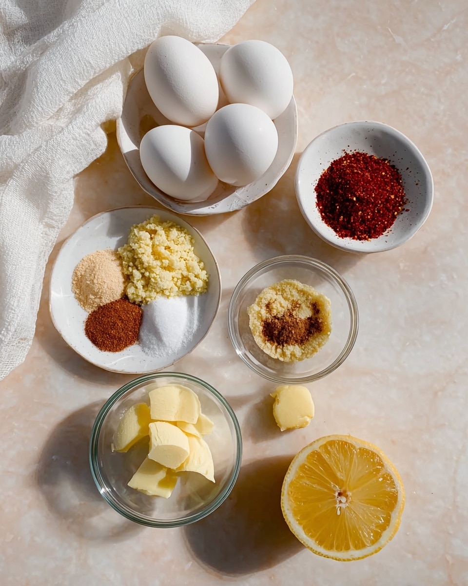The image shows a top view of cooking ingredients arranged on a white marbled surface. At the top, there are four white eggs placed in a loose group. Below them, a small white bowl holds three piles of spices: a pale beige powder, a deep red powder, and small red flakes. To the right of this bowl, another white bowl contains finely minced ginger, which is light yellow and textured. Below, three small clear glass bowls are filled with white granulated sugar, brown ground spice, and pale yellow butter slices. To the right of these bowls sits a bright yellow lemon half showing its juicy inside. A white cloth is draped in the top left corner. The photo is taken with an iphone --ar 4:5 --v 7