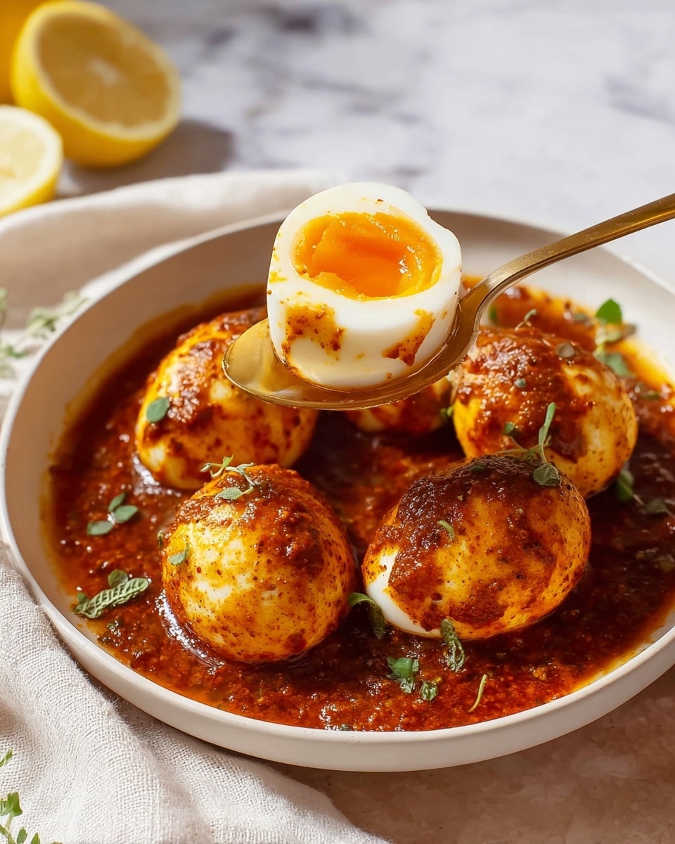 The image shows four boiled eggs covered in a thick, reddish-brown sauce with visible spices, placed inside a white bowl. One egg is cut in half, revealing a bright orange yolk and smooth white. The sauce has a chunky texture and is garnished with small green herb leaves. A gold spoon lifts one whole egg from the sauce, displaying its shiny, coated surface. In the background, there is a blurred lemon half and a soft white cloth on a white marbled surface. The photo taken with an iphone --ar 4:5 --v 7