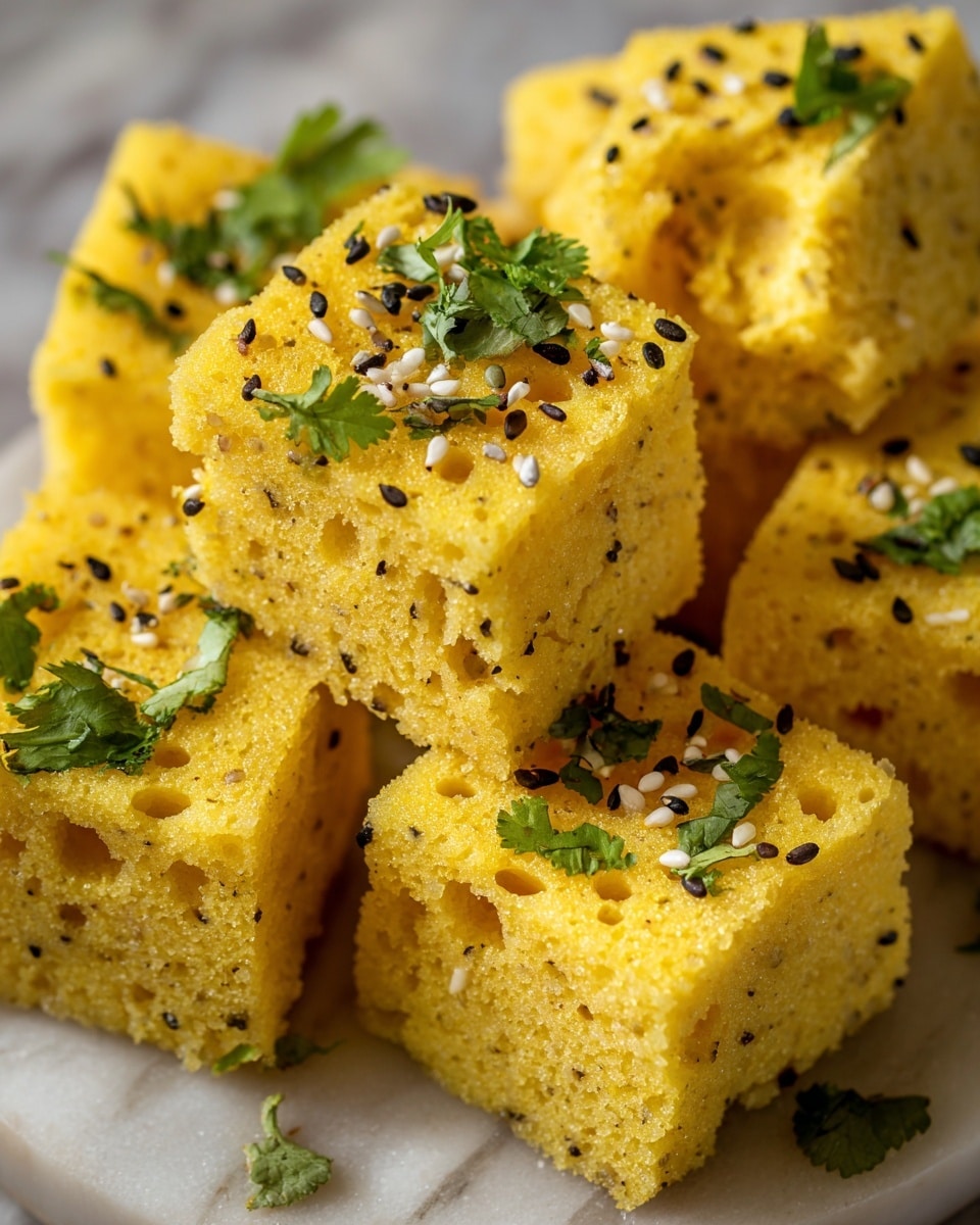 The image shows several square pieces of yellow, spongy dhokla arranged on a white marbled surface, lightly garnished with small black mustard seeds, white sesame seeds, and green chopped cilantro leaves. The dhokla has a porous texture with small holes throughout each piece, and the edges appear soft and fluffy. The pieces are close together, filling the frame with their bright yellow color and fresh garnishes. Photo taken with an iphone --ar 4:5 --v 7