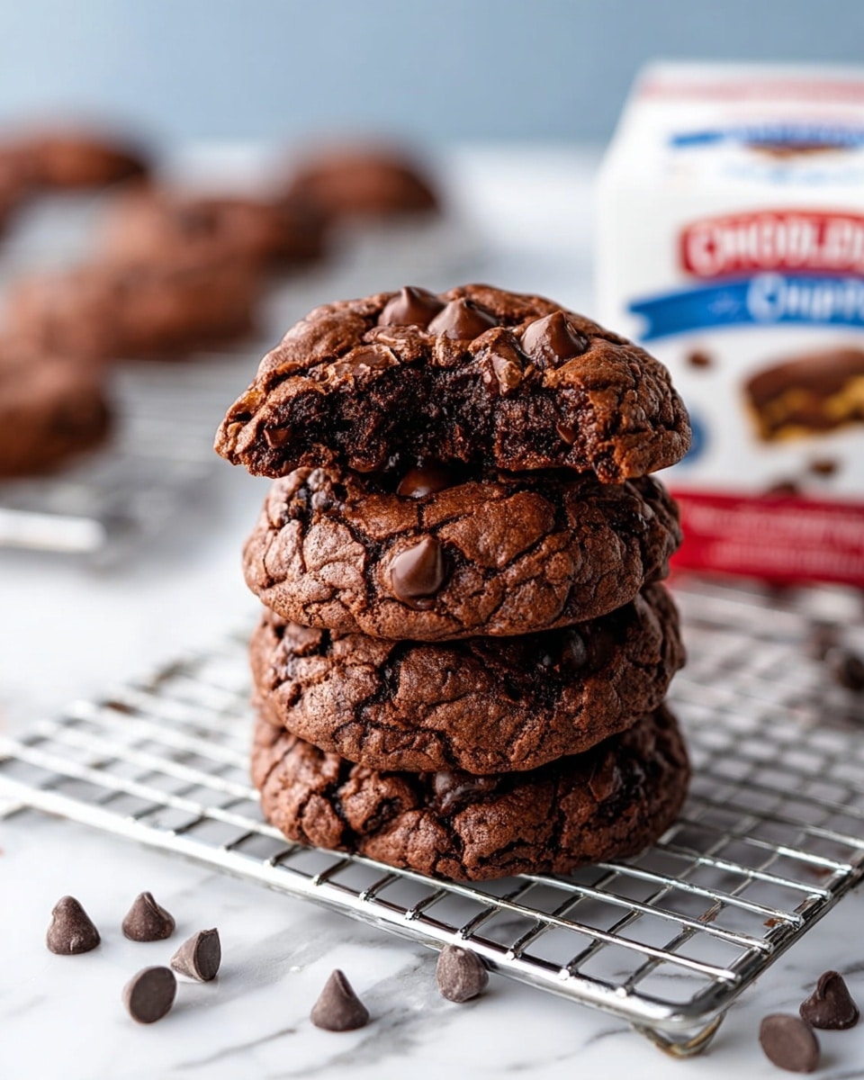 A stack of four dark brown chocolate cookies sits on a small wire rack over a white marbled surface. The top cookie in the stack has a bite taken out of it, showing a dense and moist inside texture. The cookies have a cracked and textured outside with visible darker chocolate chips embedded throughout. Scattered chocolate chips surround the rack on the white marble. In the background to the right, there is a white box of chocolate chips with red and blue accents, partially visible and slightly out of focus. Photo taken with an iphone --ar 4:5 --v 7