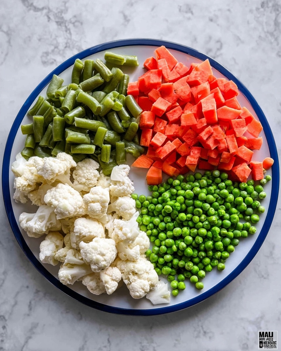 A white plate with a blue center is divided into four sections of fresh chopped vegetables. At the top left, there are short bright green beans cut into small pieces. At the top right, vibrant orange carrot cubes fill the space. The bottom right section holds a pile of small, round, bright green peas. On the bottom left, there are white cauliflower florets with a rough texture. The plate is set on a white marbled surface. photo taken with an iphone --ar 4:5 --v 7