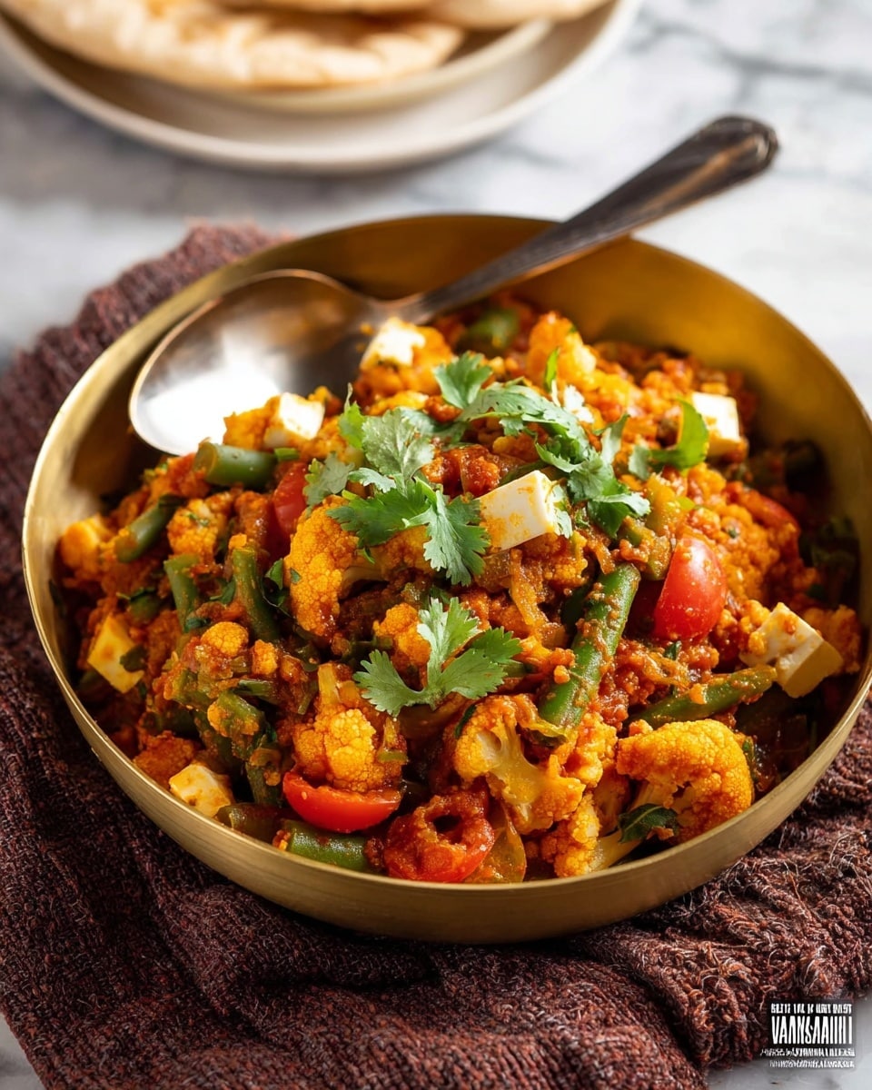 A golden bowl holds a colorful mix of cooked vegetables including orange cauliflower, green beans, and red tomatoes, all soft and cooked in spices giving the dish a warm orange-red tone. On top, fresh green cilantro leaves and white cubed cheese pieces are scattered, adding brightness. A shiny metal spoon rests inside the bowl with its handle leaning on the edge. The bowl sits on a brown woven cloth over a white marbled surface, and a blurred white plate with folded flatbreads is visible in the background. Photo taken with an iphone --ar 4:5 --v 7