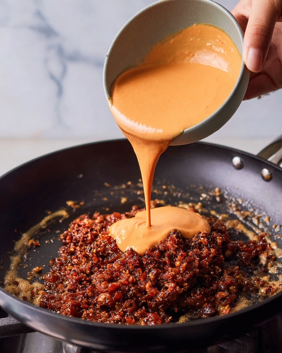 In a deep black wok on a stove, a smooth, creamy light orange tomato cashew puree is being poured over a chunky dark reddish-brown cooked mixture that looks thick and textured, with bits scattered across the wok’s surface. The puree is flowing from a gray bowl held by a woman’s hand above, creating a contrast between the creamy layer and the rich, coarse base in the wok. The background has a white marbled texture. photo taken with an iphone --ar 4:5 --v 7