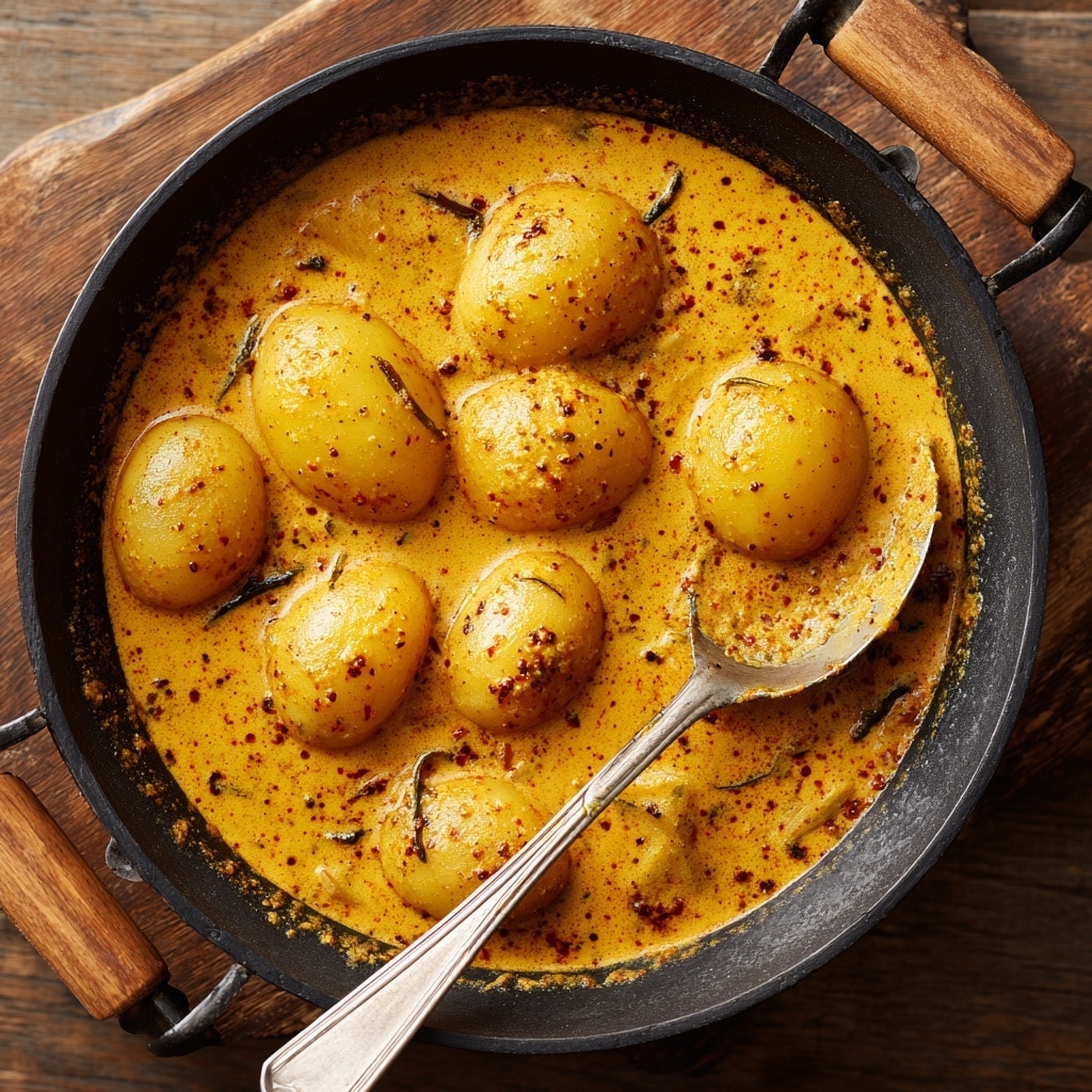 A black iron pan with wooden handles sits on a wooden base, filled with a thick, creamy orange-yellow curry sauce with visible small spices. Inside the sauce, there are several round, smooth, yellow potato pieces partially submerged and coated with the curry. A silver spoon with a wooden handle rests in the pan, partially covered in the sauce, positioned on the right side. The background is a white marbled texture. Photo taken with an iphone --ar 4:5 --v 7