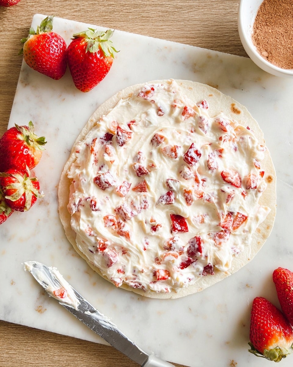 A single round tortilla lays flat on a white marbled surface, spread with a thick layer of creamy white mixture filled with small pieces of red strawberries. The spread is uneven with visible chunks of fruit giving it a textured look. To the left, a few whole fresh strawberries are placed on the surface. In the lower left corner, a knife with some creamy spread on its blade rests on the surface. In the upper right, a white bowl holds a small pile of brown powder next to a spoon with some creamy spread on it, both resting on the white marbled surface. The photo taken with an iphone --ar 4:5 --v 7
