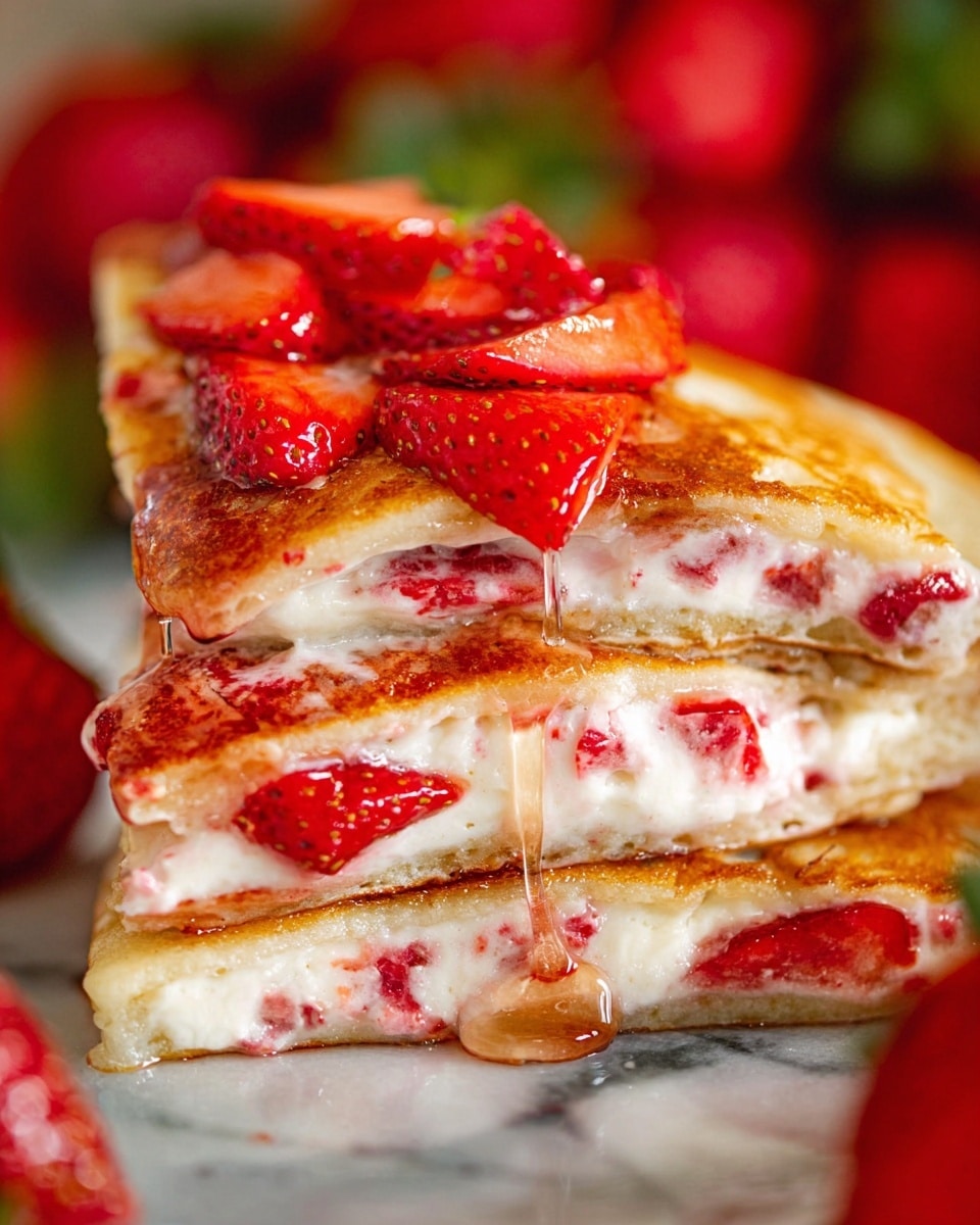 The image shows a close-up of a stack with three layers of golden brown pancakes, each separated by a thick layer of creamy white filling with small red strawberry pieces mixed inside. On top of the stack, there are fresh sliced strawberries in bright red with juicy texture, some syrup dripping down the sides, adding a shiny, glossy look. The stack is placed on a white marbled surface, with a blurred red and green background hinting at more strawberries. The lighting highlights the pancakes’ warm, crispy edges and the creamy softness inside. Photo taken with an iphone --ar 4:5 --v 7