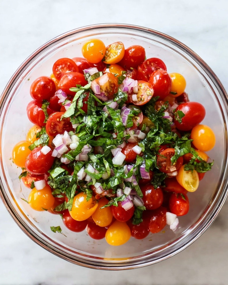 A clear glass bowl filled with two layers of halved cherry tomatoes in bright red and orange colors. On top, there is a layer of finely chopped fresh green basil leaves and small pieces of finely chopped light purple shallots scattered all over. The bowl sits on a white marbled textured surface. photo taken with an iphone --ar 4:5 --v 7