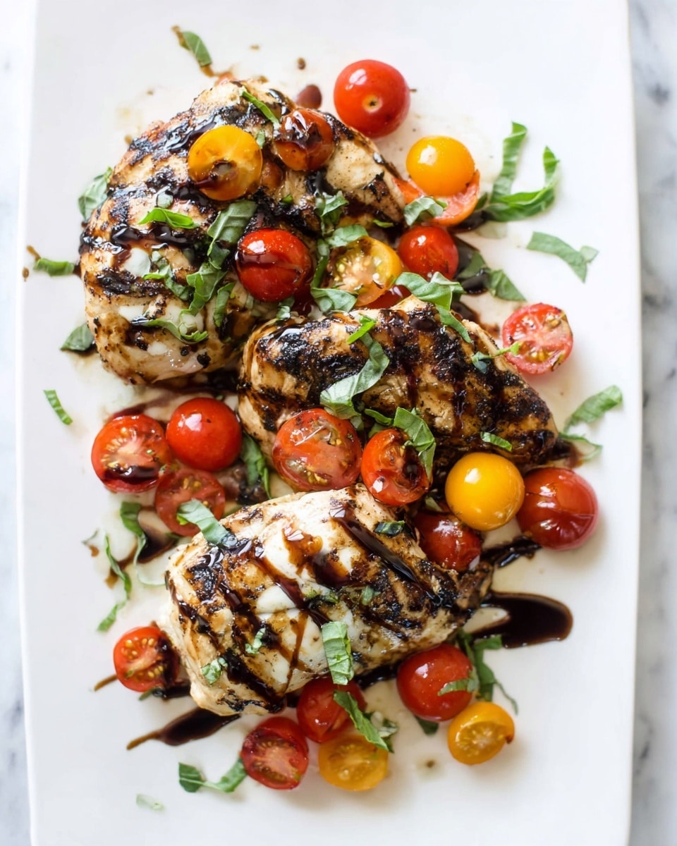 Three grilled chicken pieces form the main layer, showing golden-brown grill marks and melted cheese on top. Scattered over and around the chicken are halved red and yellow cherry tomatoes, adding bright pops of color. Fresh green basil leaves are sprinkled on top and around the plate. A thick, dark balsamic glaze is drizzled over the chicken and tomatoes, creating a rich glossy texture. All of this sits on a white plate against a white marbled textured surface. Photo taken with an iphone --ar 4:5 --v 7
