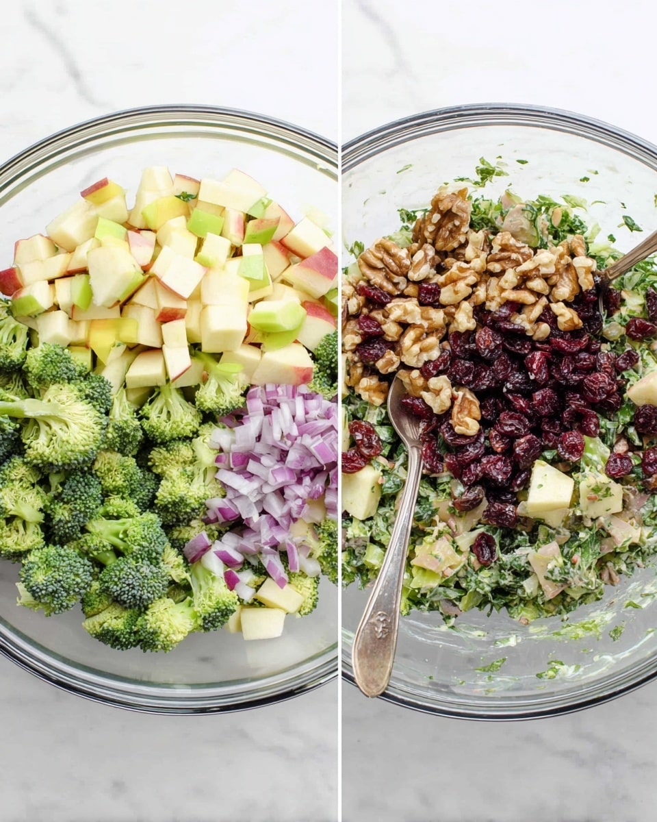 In the first part of the image, a clear glass bowl holds six separate layers of ingredients: small bright green broccoli florets on the bottom left, chopped purple onions on the bottom right, fresh green herbs in the middle right, light brown walnut pieces in the center, dark red dried cranberries on the top center, and light yellow diced apples on the top left. In the second part, the same bowl shows the ingredients mixed together with small, creamy white dressing spots covering the broccoli, apples, walnuts, cranberries, onions, and herbs evenly. A silver spoon lies inside the mixture, resting on the right side of the bowl. The bowl is placed on a white marbled surface. Photo taken with an iphone --ar 4:5 --v 7