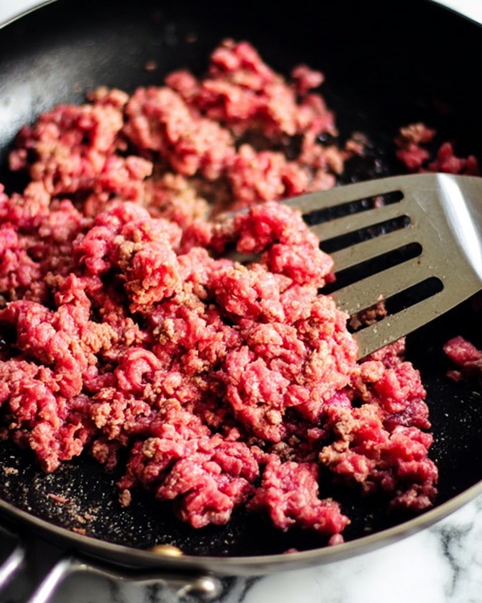 The image shows ground meat cooking in a black frying pan. The meat is in small, uneven pieces with some parts already browned and others still red and raw. A silver metal spatula is in the pan on the right side, partly visible, with holes in its flat surface. The pan sits on a stove, but the background is a white marbled texture. The scene captures the texture of the meat and the heat of cooking, with a close-up view focusing on the mixture of raw and cooked areas. photo taken with an iphone --ar 4:5 --v 7