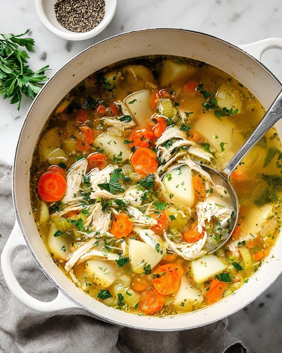 A large white pot filled with clear golden broth chicken soup containing several layers of ingredients: large white shredded chicken pieces scattered throughout, bright orange carrot slices, pale yellow potato chunks, and light green celery cubes. Floating greens of fresh parsley add color on top. A silver ladle rests inside the pot, scooping up vegetables and chicken. The pot sits on a soft gray cloth on a white marbled surface, with a white bowl of crushed black pepper and some fresh parsley in the background. The soup looks warm, clear, and fresh. photo taken with an iphone --ar 4:5 --v 7