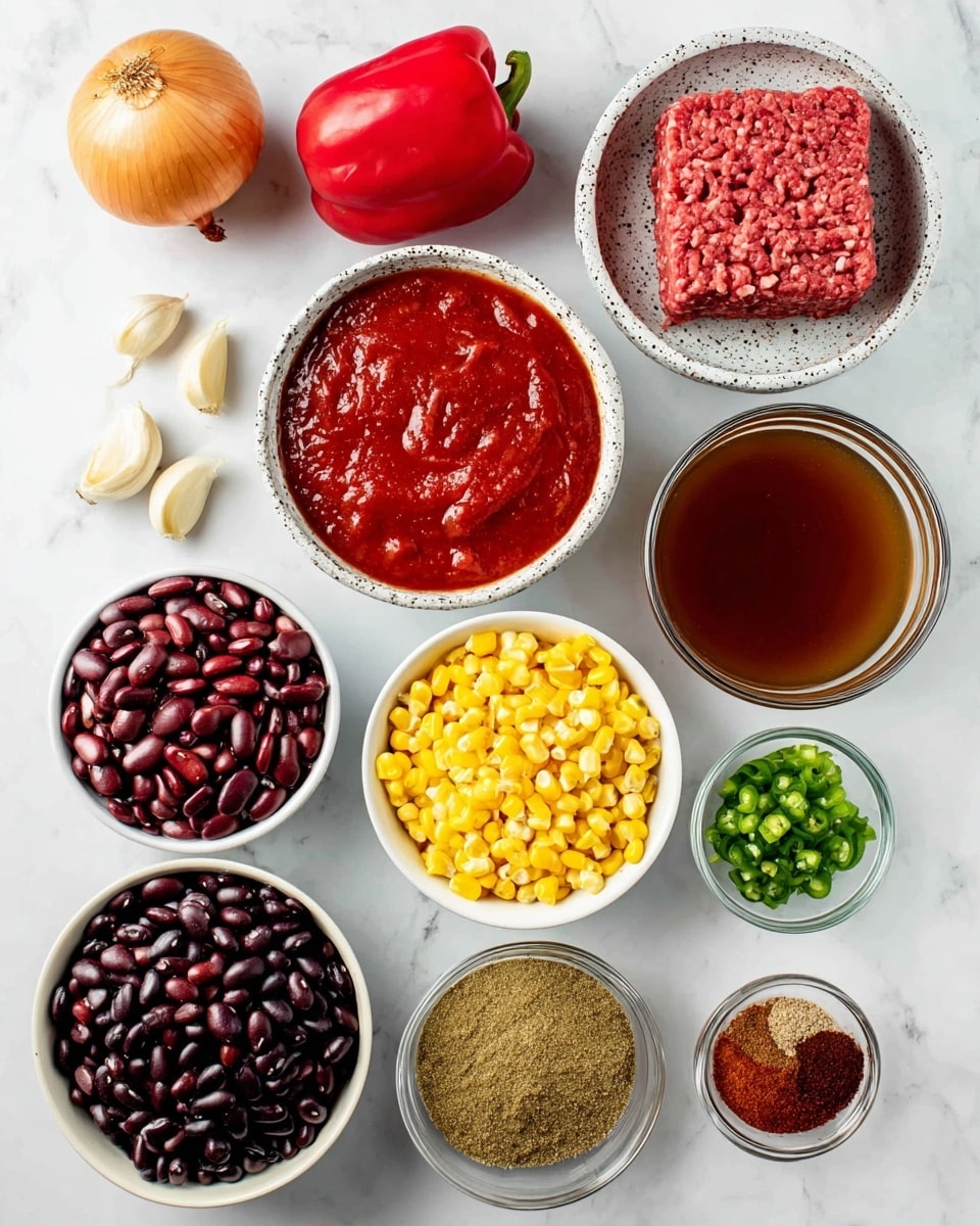 The image shows various ingredients placed neatly on a white marbled surface. There is one onion with light brown skin in the top left corner. Next to it is a shiny bright red pepper. Below the onion are four peeled garlic cloves arranged close together. In the center is a round bowl with thick, bright red tomato sauce that has a smooth texture. To the top right of the sauce, a square block of raw ground beef rests in a white speckled bowl. Beside the beef is a clear glass cup filled with brown beef broth. Below the broth is a white bowl filled with bright yellow corn kernels. To the lower left of the corn, a round bowl is divided between dark black beans and reddish-brown kidney beans that fill it fully. Next to this is a bowl with chopped green chilies in liquid. Lastly, in the bottom right corner is a small bowl with four different brown and red spices, each in their own section with fine texture. All items are clearly labeled with neat black text. photo taken with an iphone --ar 4:5 --v 7