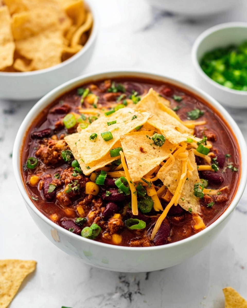A white bowl filled with a thick dark red chili as the base layer, showing chunks of ground meat and beans mixed with visible yellow corn. On top of the chili, there is a layer of shredded orange cheddar cheese, scattered crushed light yellow tortilla chips, and sliced green onions. Small bits of green herbs are sprinkled over the toppings. In the background, there are parts of two other white bowls, one with more tortilla chips and one with additional sliced green onions, all set on a white marbled surface. photo taken with an iphone --ar 4:5 --v 7