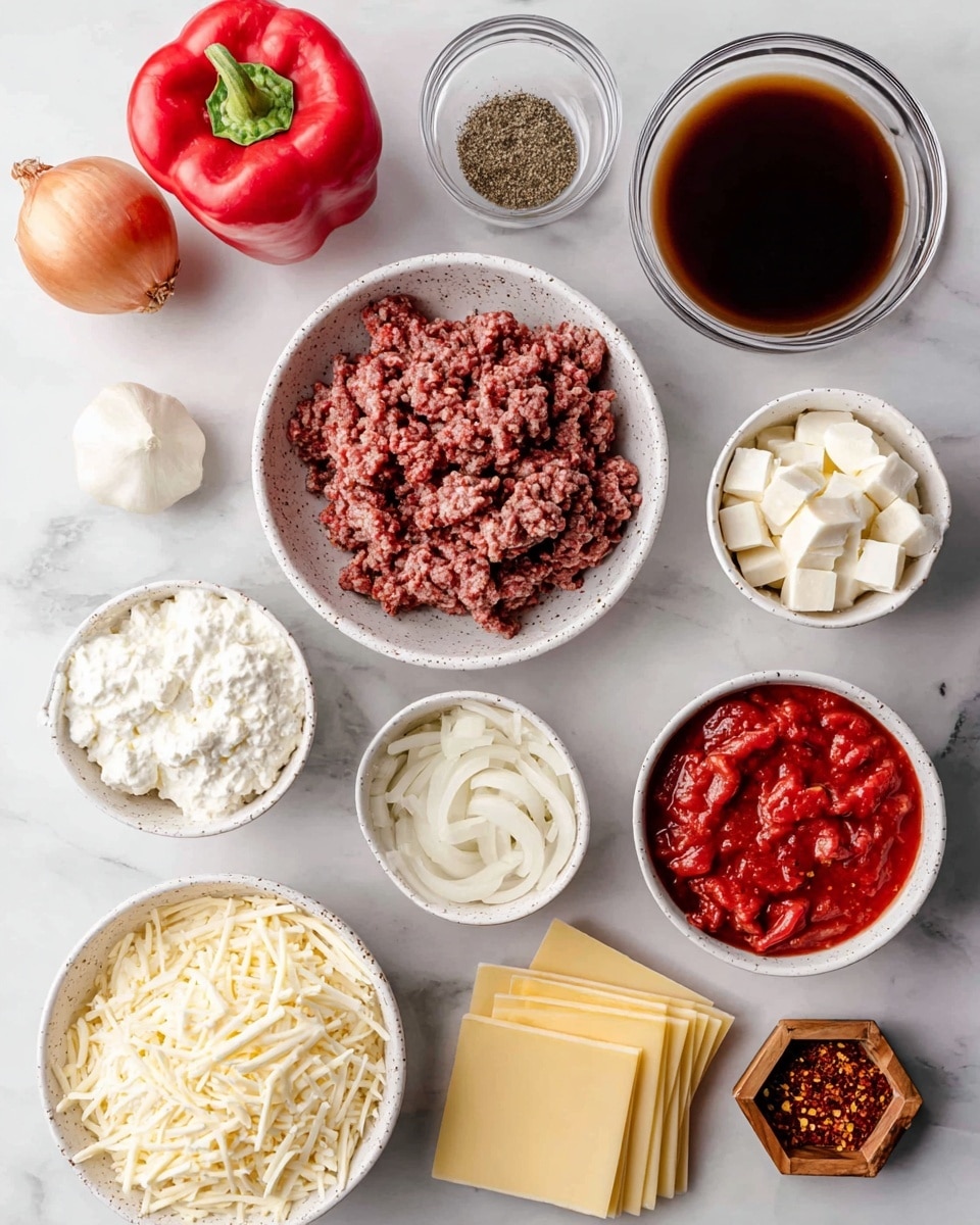 A white speckled bowl filled with a pile of cooked ground beef sits near the center, surrounded by small white bowls and a glass container. Above the beef are three peeled garlic cloves and a clear glass bowl with dark brown beef broth, next to a small glass bowl of dry Italian seasoning and a white bowl filled with white ricotta cheese. On the left side, a bright red bell pepper and a small round onion rest on the white marbled surface. Below them are two white bowls, one filled with chunky fire-roasted tomatoes and the other with shredded mozzarella cheese. Near the bottom, flat, pale yellow lasagna noodles are stacked neatly. A small hexagonal wooden bowl of red pepper flakes is placed near the center. The whole setup is on a white marbled background, and the photo taken with an iphone --ar 4:5 --v 7