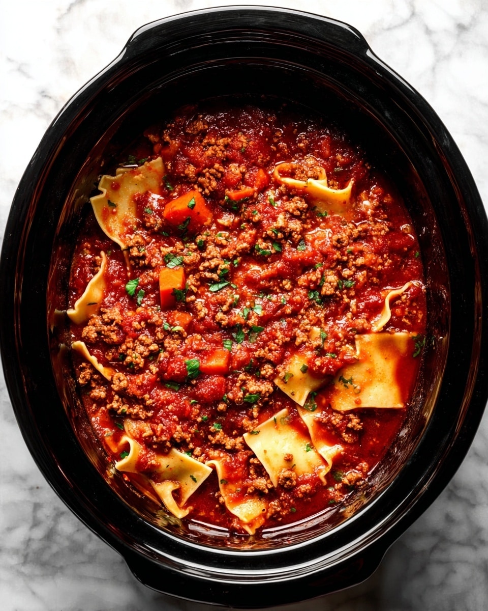 The image shows a black slow cooker filled with a rich red tomato sauce mixed with ground meat and diced vegetables like carrots. There are flat, wide, pale yellow pasta sheets layered throughout the sauce in an uneven pattern. The sauce is thick and chunky with fresh green herb pieces sprinkled on top, adding contrast to the deep red and yellow colors. The slow cooker is placed on a white marbled surface. photo taken with an iphone --ar 4:5 --v 7