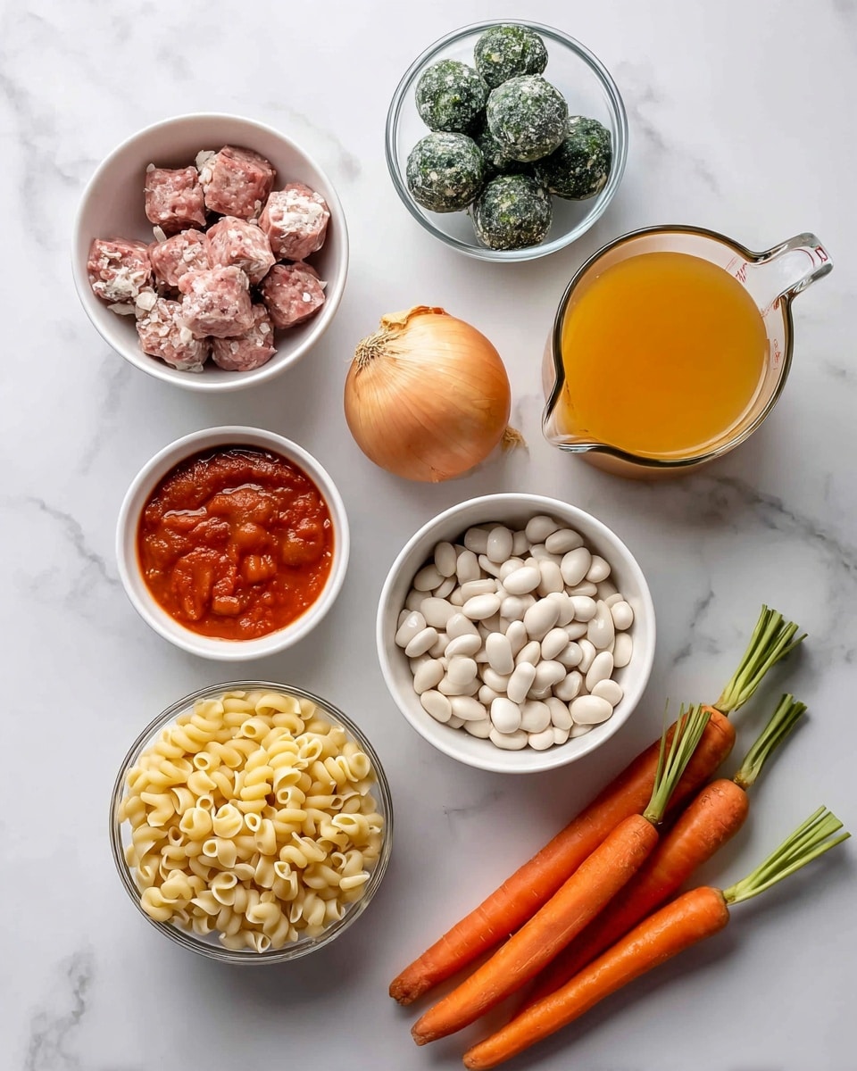 The image shows a top view of eight different ingredients placed on a white marbled surface. At the top center, there is a white bowl filled with raw sausage pieces, showing a mix of pink and white textures. Below it to the left, a clear glass bowl contains frozen spinach balls, which are dark green with a frosty surface. To the right of the spinach, there is a glass measuring cup with orange-yellow broth. Below the broth, there is a whole onion with a light brown peel. At the bottom right, four long and bright orange carrots with green tips lie diagonally. In the middle bottom, a white bowl is filled with dry elbow pasta, which is light yellow and curved. Above the pasta, another white bowl holds white beans with smooth surfaces. Finally, on the left middle side, a white bowl contains bright red pasta sauce with a slightly chunky texture. photo taken with an iphone --ar 4:5 --v 7