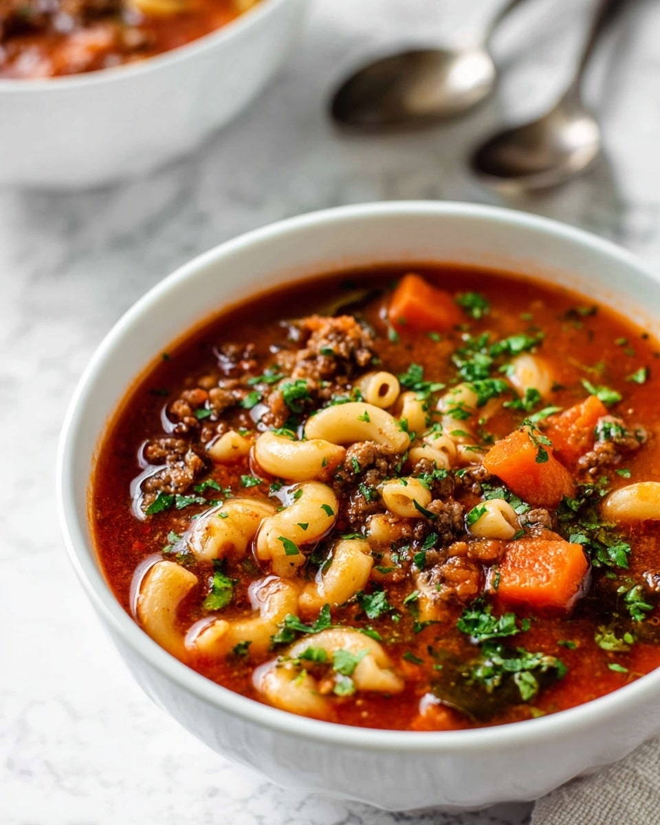 A white bowl filled with a thick soup showing three main layers: the top layer has bright green chopped herbs scattered across rich red tomato broth; beneath it, chunks of orange carrots and beige macaroni noodles with curved shapes are mixed; the base layer has small browned meat pieces and darker leafy greens blended into the stew. The bowl sits on a white marbled surface with two silver spoons blurred in the background. photo taken with an iphone --ar 4:5 --v 7