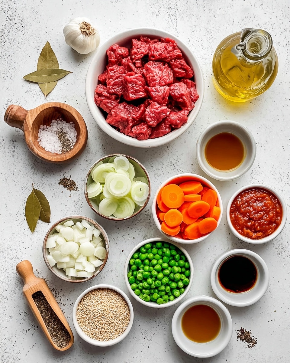 The image shows various ingredients neatly arranged on a white marbled surface. In the center, there is a white bowl filled with bright red raw meat pieces. Below it, a white bowl holds sliced orange carrots, surrounded by smaller bowls with chopped white onions, green peas, and green celery slices. To the left of the meat bowl, there is a small wooden container with coarse salt and a tiny wooden scoop of dried herbs, along with two dried bay leaves and a small bowl of light-colored grains. To the right, small bowls contain tomato paste, black pepper, a dark brown sauce, and minced garlic in a clear bowl. At the top right, there is a clear glass bottle filled with golden oil, and near the top left, two white bowls contain dark and amber-colored liquids. The overall layout is clean and organized on the white marbled texture. photo taken with an iphone --ar 4:5 --v 7