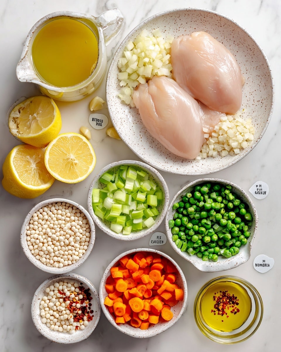 The image shows an overhead view of various cooking ingredients arranged neatly on a white marbled surface. At the center, there is a white speckled bowl holding two raw pale pink chicken breasts. To the top left, a small glass pitcher is filled with yellow chicken broth next to two halves of bright yellow lemons showing their juicy interiors, labeled lemon juice and lemon zest. Surrounding the chicken, several white speckled bowls hold chopped ingredients: one has pale yellow chopped onion and several peeled garlic cloves; another contains bright green chopped celery and orange carrot rounds; a third bowl is filled with small white pearl couscous. Two small white speckled bowls near the top right side hold vibrant green chopped green onions and red chili flakes, while another contains golden olive oil. Each ingredient is labeled with simple black text on white tags. The whole scene is bright and clean, carefully lit to highlight the fresh textures and colors photo taken with an iphone --ar 4:5 --v 7