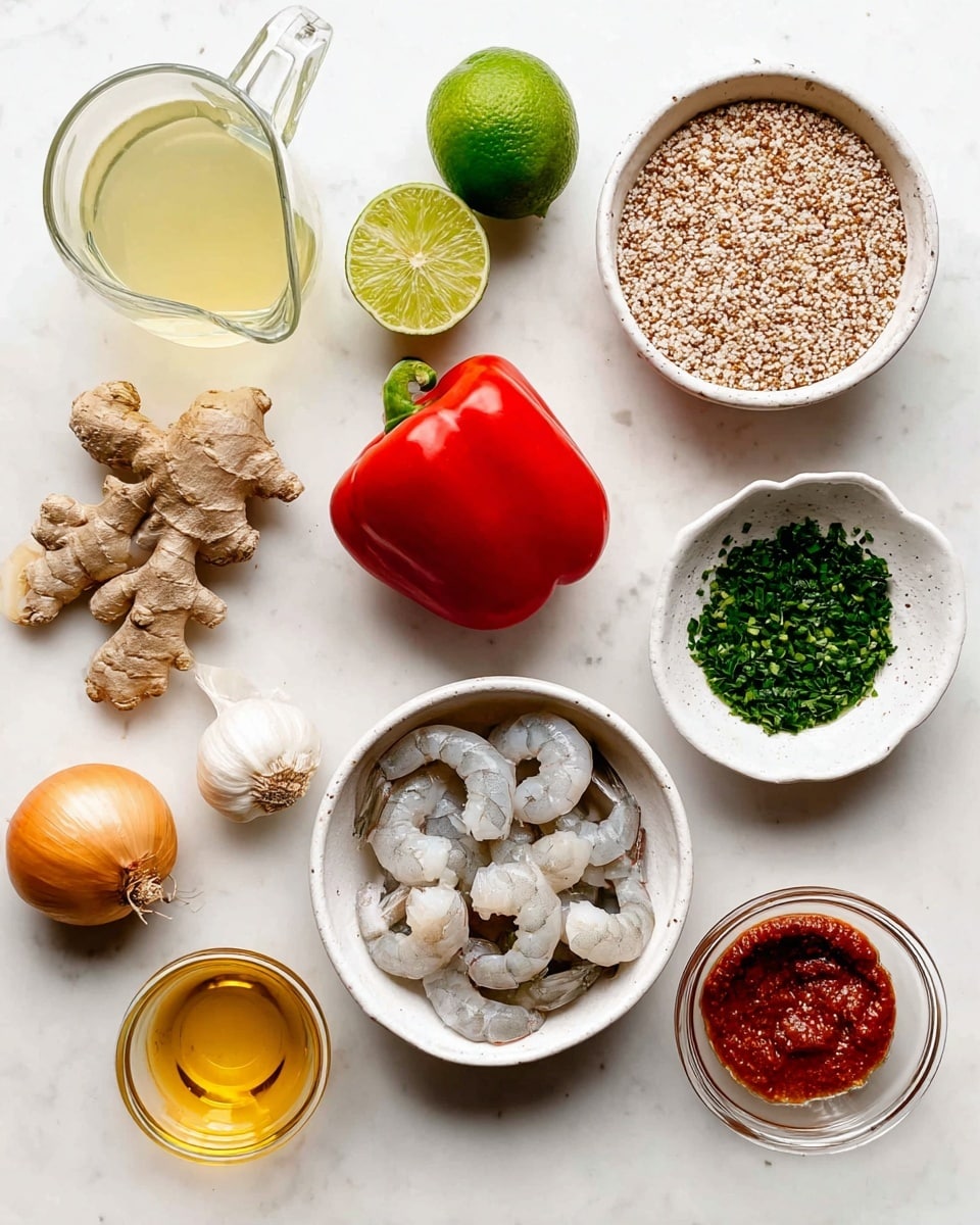 The image shows several ingredients laid out on a white marbled surface in a neat arrangement. From top left, there is a clear glass pitcher with a light yellow liquid. Below it, there is fresh ginger with light brown skin. Next to the pitcher are two halves of a bright green lime. Moving rightward, there is a white bowl filled with uncooked brown rice and a whole red bell pepper placed above it. Below the pepper is a small white bowl filled with finely chopped green herbs. In the center, a white bowl holds several raw shrimp with a pale pink and white color. Below the shrimp, a small glass bowl contains a golden liquid, and to the left are three cloves of garlic and a whole onion with light brown skin. At the bottom right, there is a small glass bowl with a red paste. The overall look is fresh and colorful, with all items on a clean, white marbled background. photo taken with an iphone --ar 4:5 --v 7