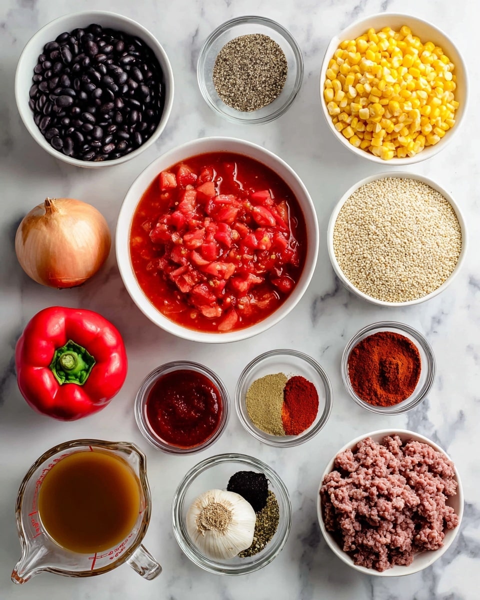 The image shows various cooking ingredients neatly arranged on a white marbled surface. In the center, a large white bowl is filled with bright red diced tomatoes in liquid. To its left, a white bowl holds black beans, and above it, a white bowl contains yellow corn kernels. A bowl with light beige quinoa sits top right, and next to it, a white dish has dark red chili powder and light brown cumin placed side by side. A clear glass measuring cup with brown broth is at the bottom left. A white bowl with ground beef is placed at the bottom right. At the top left, a shiny red bell pepper and a whole yellow onion are placed, with a whole garlic bulb nearby. Additionally, small clear bowls hold deep red tomato paste and a mix of seasonings including green oregano, dark red paprika, and bright red cayenne powder photo taken with an iphone --ar 4:5 --v 7