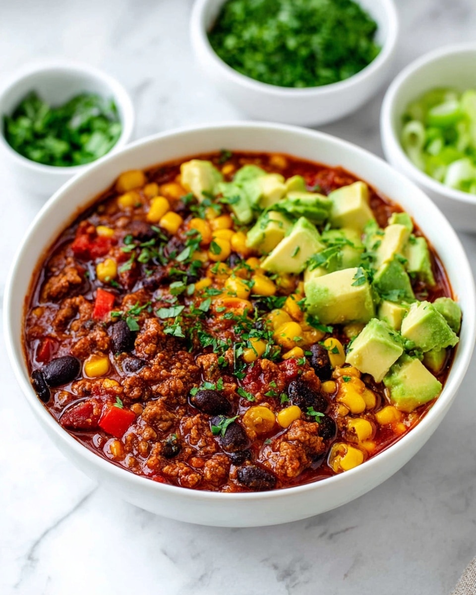 A white bowl filled with chili showing three main layers: the base is a rich, thick red sauce with visible ground meat and black beans, mixed with bright yellow corn kernels and small pieces of red pepper; the next layer consists of chunky, light green avocado pieces spread across one side of the bowl; the top is sprinkled with chopped fresh green herbs, adding texture and color contrast to the dish, all placed on a white marbled surface with two smaller white bowls blurred in the background containing more green herbs and sliced green onion, photo taken with an iphone --ar 4:5 --v 7
