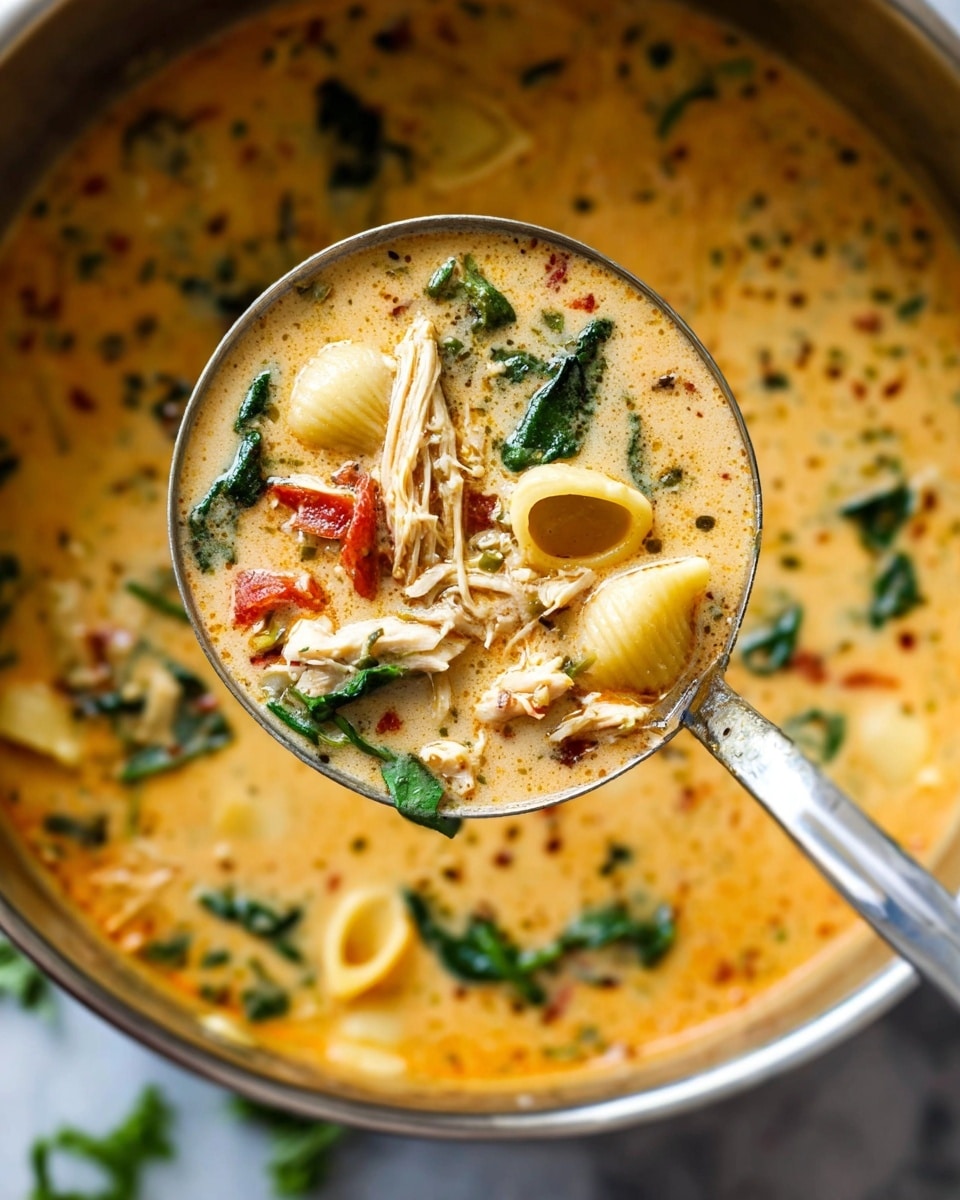 A close-up view of a ladle holding creamy soup with three main layers: a light orange creamy broth speckled with herbs and spices, shredded pale chicken pieces, bright green spinach leaves, and golden pasta shells. The ladle is held over a large round stainless steel pot filled with the same soup, sitting on a white marbled surface, with some scattered green herbs in the background. The soup looks thick and rich with visible bits of red pepper and leafy greens throughout. Photo taken with an iphone --ar 4:5 --v 7