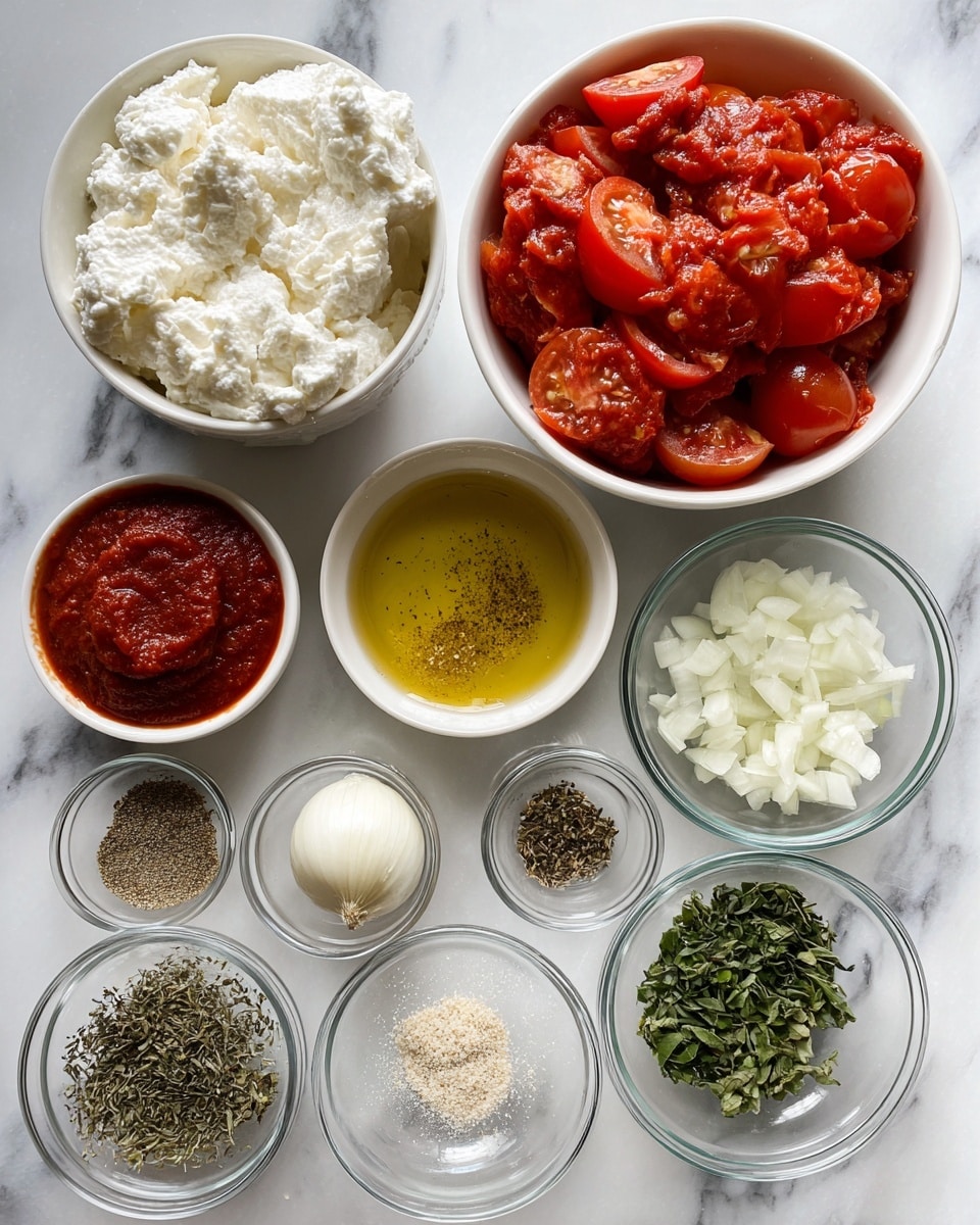 The image shows a flat lay of various cooking ingredients arranged neatly on a white marbled surface. There are three medium bowls and several smaller glass bowls. The largest bowl at the top right is filled with peeled tomatoes in a rich red color and smooth chunky texture. Below it, a white bowl holds vegetable broth with a golden yellow color and light oily specks on the surface. To the left, another white bowl contains thick, creamy white cottage cheese with a soft texture. A small glass bowl at the top left holds dark red tomato paste with a dense texture. Other small glass bowls contain finely chopped white onions, dried oregano with a dusty dark green color, black pepper with a coarse texture, dried thyme with a light green-brown shade, fresh basil leaves chopped into small pieces in a white bowl, coarse salt, peeled garlic cloves, and a small amount of golden oil. The ingredients are spaced out evenly for clear visibility. Photo taken with an iphone --ar 4:5 --v 7