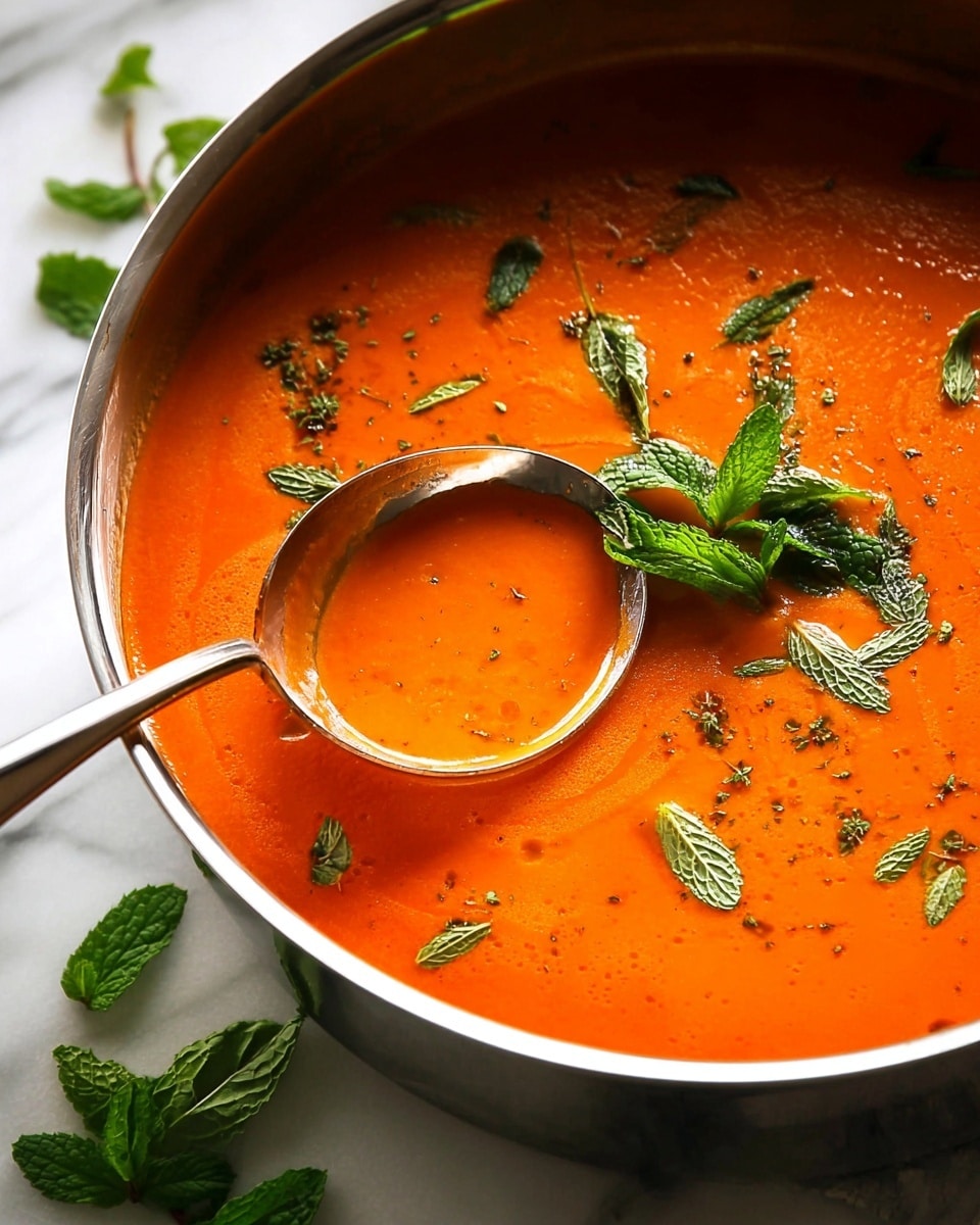 A close-up view of a pot filled with smooth, bright orange soup, topped with scattered fresh green mint leaves and a small bunch of whole mint leaves in the middle. A shiny silver ladle dips into the soup from the bottom left, showing the thick texture of the soup. The pot rests on a white marbled surface with a few scattered mint leaves around. photo taken with an iphone --ar 4:5 --v 7