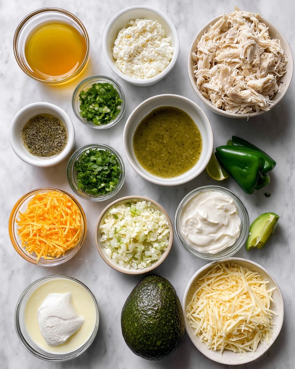 A top-down view of many small clear glass bowls and white plates arranged on a white marbled surface, each filled with different ingredients: finely shredded pale chicken in a large bowl at the top right, bright green chopped cilantro, dark green whole jalapeno, light yellow cooking oil, small amount of coarse black pepper, soft white cream cheese in a bowl, finely chopped white onion, smooth white sour cream, bright green chopped green onion, smooth golden-liquid chicken broth, a whole dark green avocado on a small white plate, thick green enchilada sauce with some texture, shredded cheddar cheese in orange and white hues, thick white heavy cream, and chunky green salsa verde. Each ingredient is neatly placed in its own container, showing a variety of fresh and creamy textures, with no woman's hand visible. photo taken with an iphone --ar 4:5 --v 7