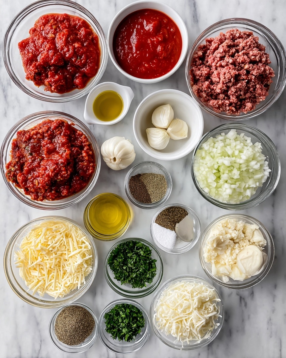 The image shows a top view of many clear and white bowls arranged neatly on a white marbled surface, each filled with different ingredients for a recipe. There are large bowls with bright red Italian sausage, coarse ground beef, deep red crushed tomatoes, and smooth dark red tomato puree, along with a white bowl containing golden oil. Smaller clear bowls hold varying amounts of yellow Parmesan cheese, shredded pale yellow mozzarella, chopped white onions, and finely chopped green parsley. Tiny clear bowls in the center contain dry spices like dark green Italian seasoning, light brown fennel seeds, and small piles of onion powder, salt, black pepper, and peeled white garlic cloves. Each ingredient is labeled with white text on a transparent background. The whole setup looks fresh and organized. photo taken with an iphone --ar 4:5 --v 7