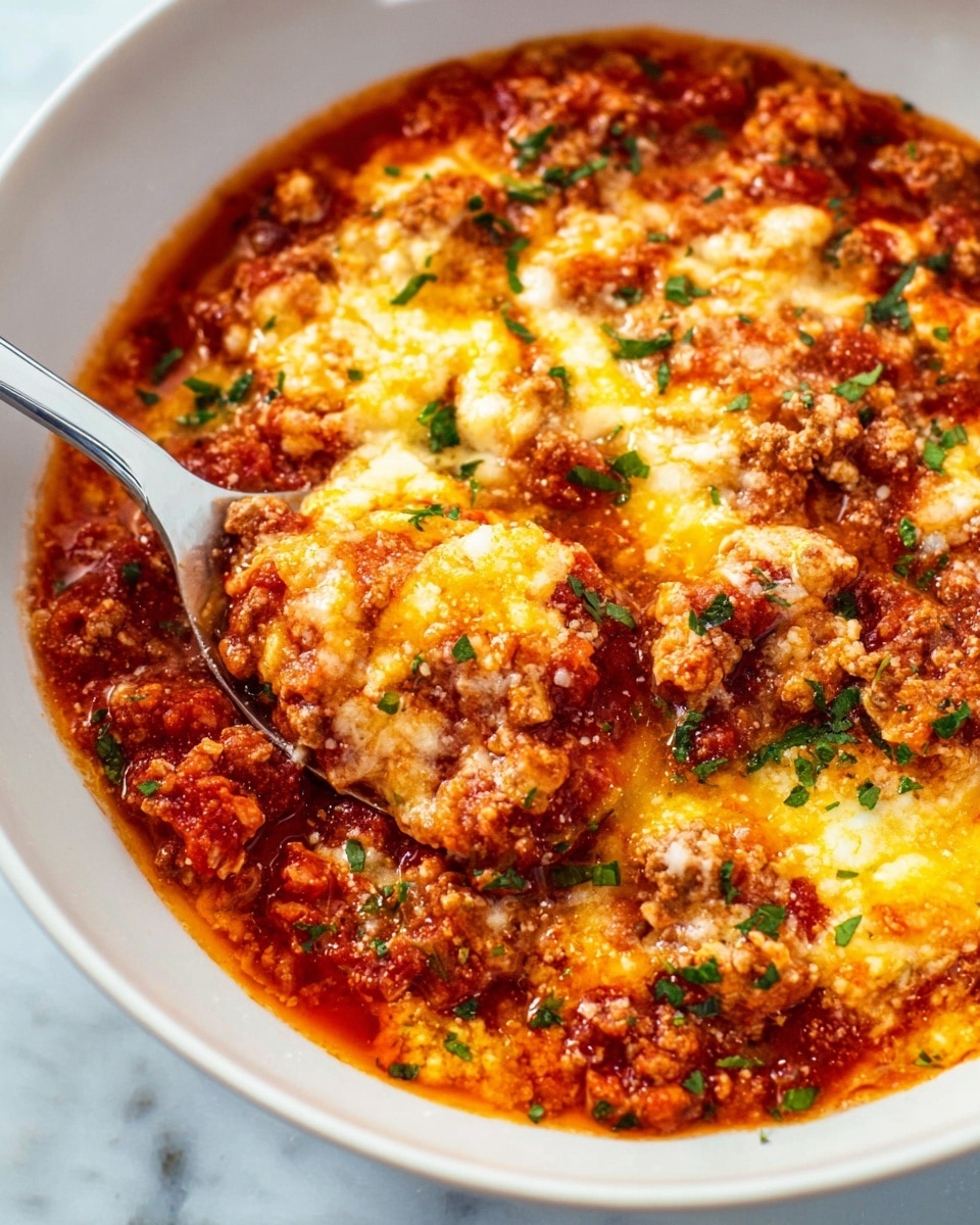 A white bowl filled with a thick, bright red tomato-based sauce layered with melted yellow and white cheese mixed with small crumbles of browned meat. The dish is garnished with small green herb pieces scattered on top. A silver spoon is scooping up a portion of the cheesy meat mixture from the center, showing its rich and creamy texture against the white marbled surface background. photo taken with an iphone --ar 4:5 --v 7