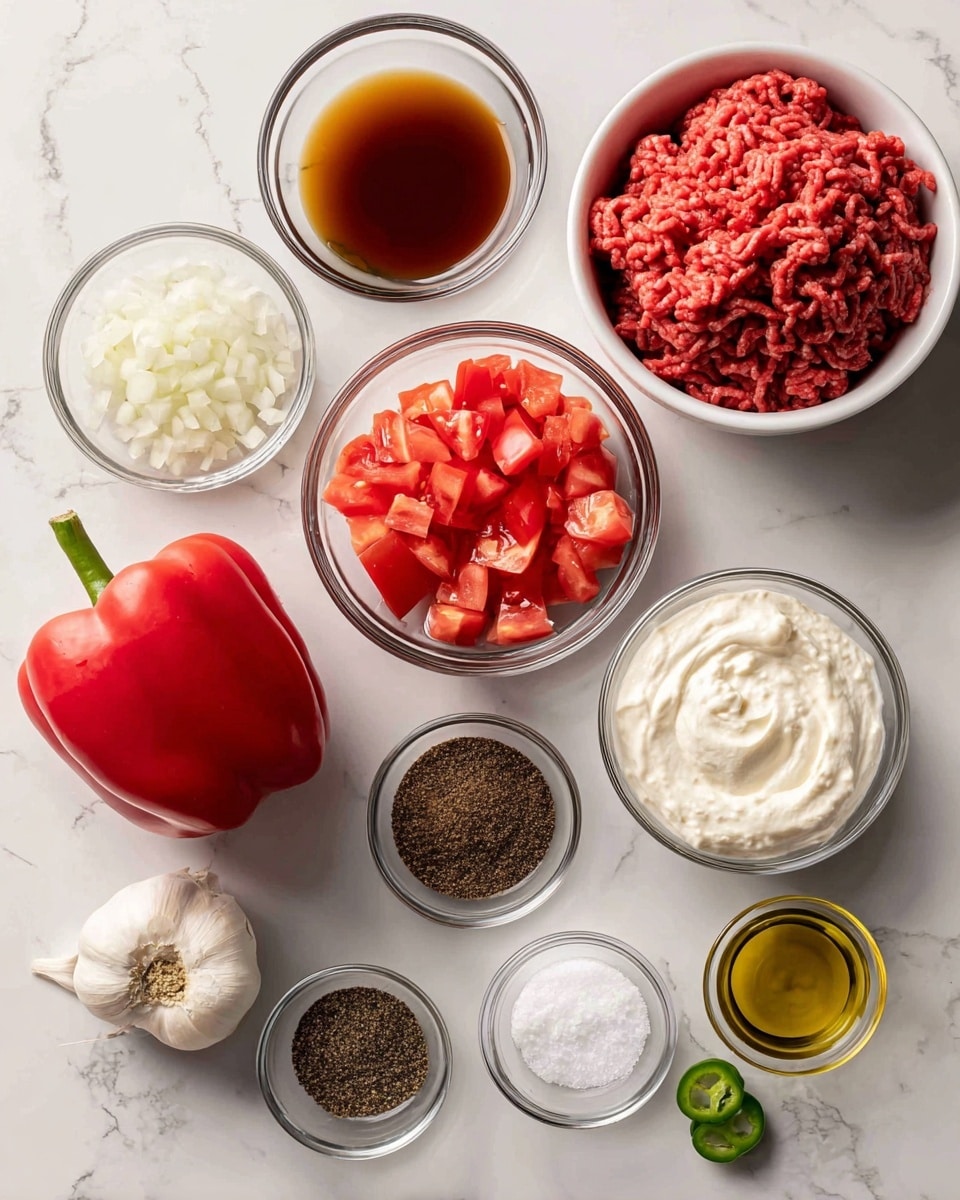 The image shows several ingredients placed on a white marbled surface. On the top right is a white bowl filled with bright red ground beef, textured with short strands. To its left is a clear glass bowl with dark amber beef broth, smooth and shiny. Below the broth is a whole shiny red bell pepper with a green stem. In the middle, there is a clear bowl of chopped red tomatoes with rough, small chunks. To the right of the tomatoes is a tiny clear container holding a dark brown taco seasoning mix with visible spices. Below that is a white bowl filled with thick, creamy white heavy cream. To the left is a small clear bowl of finely chopped white onion. Near the bottom left corner are two tiny clear bowls: one with coarse salt that is white, and the other with black pepper, showing dark crushed bits. Near the right edge are two garlic cloves colored pale ivory, and a green jalapeno pepper sliced in half. A small glass bowl of golden olive oil is near the top right. The ingredients are well lit, with soft shadows, arranged neatly. Photo taken with an iphone --ar 4:5 --v 7