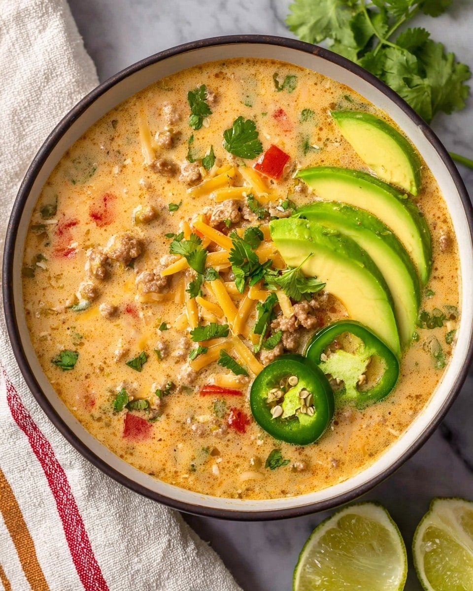 A close-up top view of a creamy soup with visible chunks of ground meat and red bell pepper pieces in a white bowl, topped with three thin, curved avocado slices on the right, three round slices of green jalapeño near the bottom, and two bright green lime wedges on the left, all sprinkled with small bits of shredded cheese and chopped fresh cilantro. The bowl sits on a white marbled surface with a folded cloth featuring white, beige, and red stripes partially visible at the bottom left, and two lime wedges on the bottom right. Photo taken with an iphone --ar 4:5 --v 7
