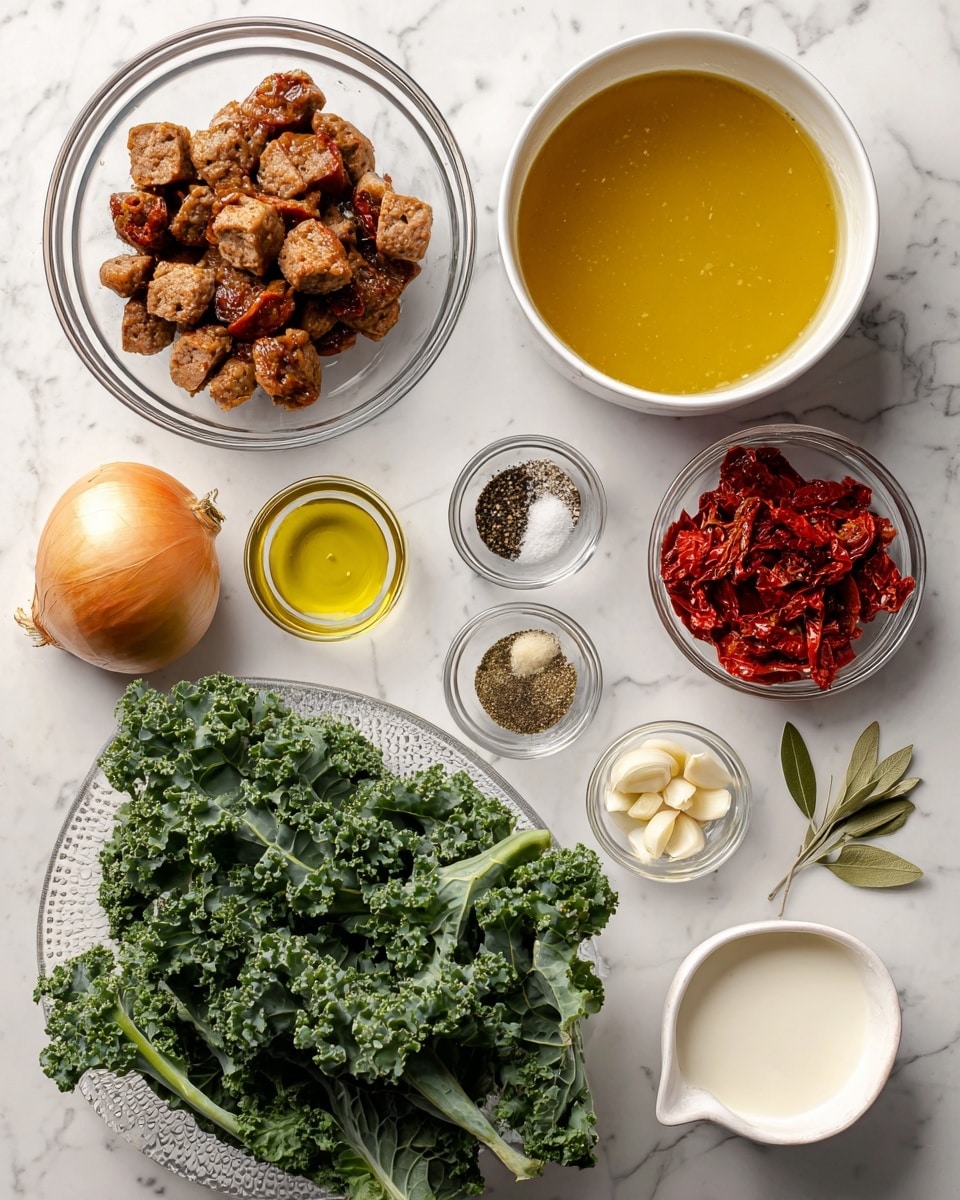 The image shows a white marbled surface with various cooking ingredients arranged neatly. There is a clear glass bowl filled with browned Italian sausage pieces sitting in the top left corner. To the right, there is a whole onion with a yellow-brown skin. Below the sausage bowl, a white bowl holds golden chicken broth with a smooth, liquid texture. Next to the broth, a clear textured bowl contains a bunch of fresh, bright green kale leaves with visible stems. On the right side, a small white bowl is filled with red sun-dried tomatoes, chopped into small pieces. Around these main bowls, there are several small clear bowls containing black pepper, salt, olive oil, dried oregano, and garlic cloves, arranged in a semi-circle. A small white bowl holds heavy cream with a thick and smooth texture. The ingredients are all clearly separated and displayed on the white marbled surface, providing a clean and organized look. Photo taken with an iphone --ar 4:5 --v 7