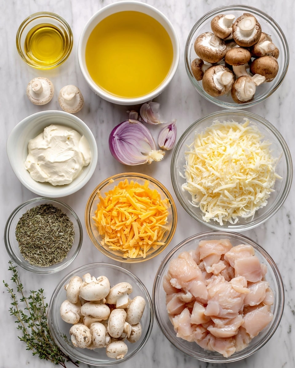 The image shows several clear glass bowls and white bowls arranged on a white marbled surface, each filled with different ingredients. Starting from the top left, there is a white bowl filled with bright yellow chicken broth. To its right, a clear glass bowl holds light brown baby bella mushrooms with smooth caps. Below the broth, a small white bowl contains pale purple grape juice. Next to the juice, a white bowl is filled with shredded orange cheddar cheese. In the center, a white bowl holds finely grated beige parmesan cheese, and below it, a clear glass bowl contains soft white cream cheese. To the right of the cream cheese, a larger clear glass bowl holds raw pale pink chicken breast pieces. Below the chicken, another clear glass bowl is filled with small round baby button mushrooms that are light brown with some darker spots. To the left of the button mushrooms, a clear glass bowl holds chopped white onions. On the far left, a small glass bowl contains several garlic cloves, and a small pile of dried green marjoram and thyme herbs are placed near it, plus a small glass container of golden oil. The overall setup is clean and well-organized, showing a mix of textures and colors from creamy whites to earthy browns and bright yellows, photo taken with an iphone --ar 4:5 --v 7