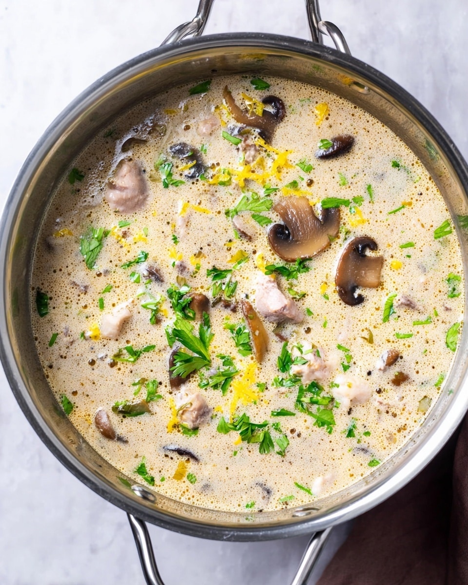 A close-up top view shows a pot filled with creamy mushroom soup. The soup has a light beige color with small bubbles and oil spots on the surface. Pieces of brown mushrooms and chunks of pale meat are scattered throughout, with small bright green parsley leaves and some yellow zest adding color on top. The pot is silver with shiny handles and sits on a white marbled surface. photo taken with an iphone --ar 4:5 --v 7