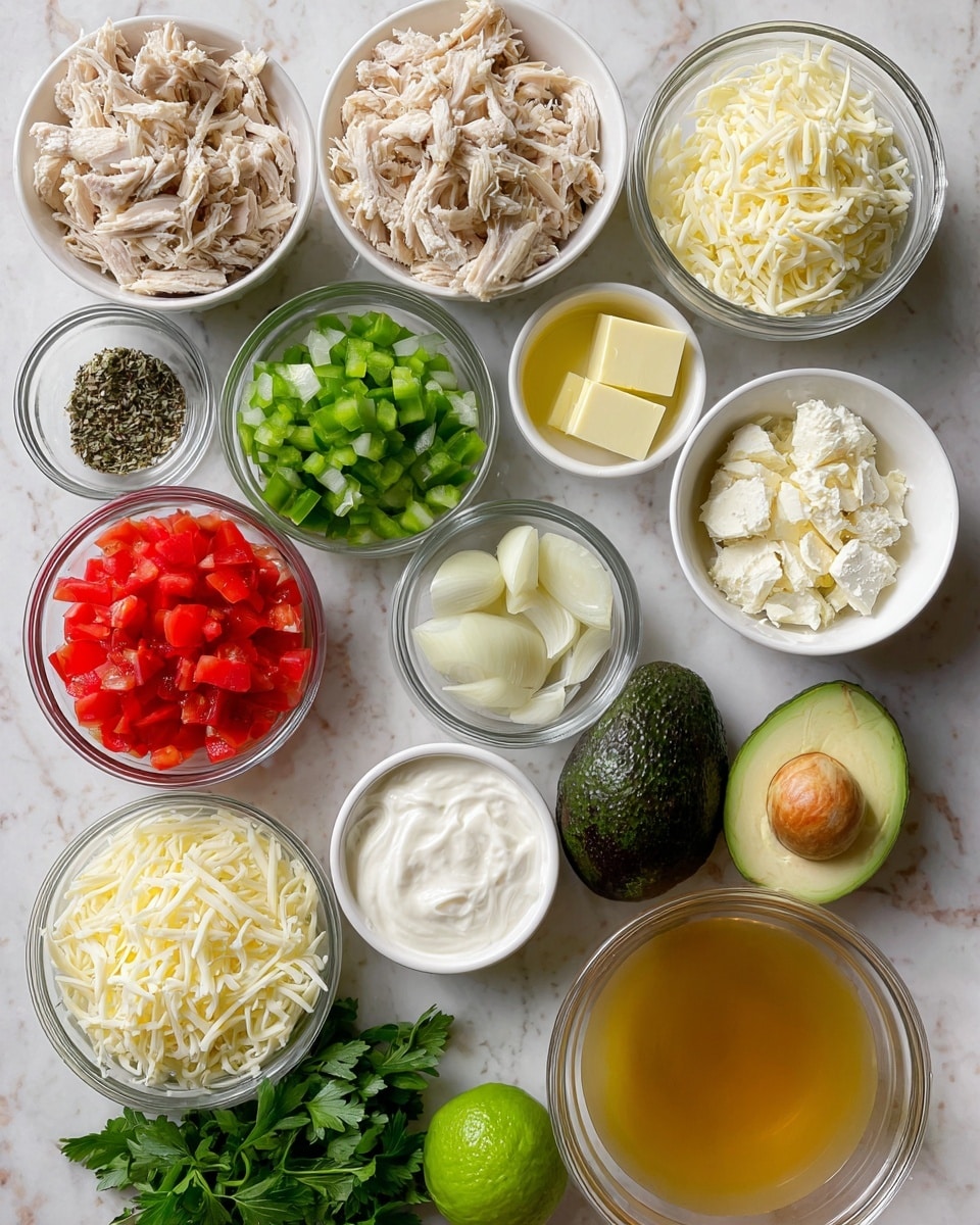 The image shows a flat arrangement of ingredients on a white marbled surface. There are clear white bowls filled with shredded chicken in light beige, diced white onions, chopped green bell peppers, and chunky red diced tomatoes. Smaller clear glass bowls hold pale yellow butter, finely chopped green chili, black pepper, salt, and whole peeled garlic cloves. Medium-sized white bowls contain shredded mozzarella cheese in pale yellow, thick sour cream in white, heavy cream in white, and cream cheese in white. A whole dark green avocado, a whole vibrant green lime, and a sprig of fresh parsley with dark green leaves are placed among the bowls. A larger clear bowl near the bottom right holds golden-yellow chicken broth. The overall look is clean and organized, with each ingredient clearly visible and neatly presented. photo taken with an iphone --ar 4:5 --v 7