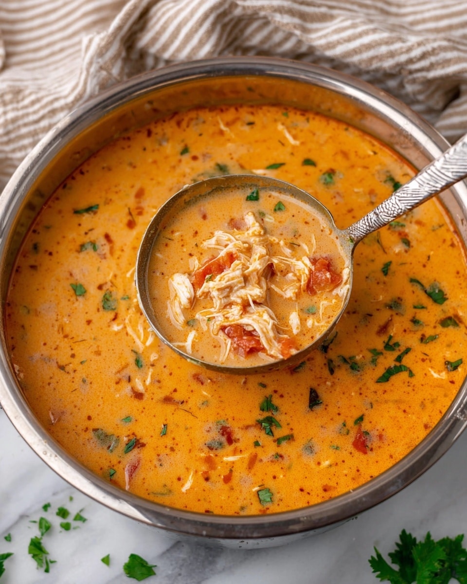 A large silver bowl filled with a creamy orange soup that has a mixed texture of shredded white chicken pieces and small bits of green herbs scattered throughout. The soup is thick with visible small chunks of tomato and pepper giving it a dotted pattern. A silver ladle holds a portion of the soup above the bowl, showing the rich creamy texture with the same ingredients. The bowl sits on a white marbled surface, with a striped beige and white cloth partially visible in the background. Small green herb pieces are scattered lightly around the bowl. Photo taken with an iphone --ar 4:5 --v 7